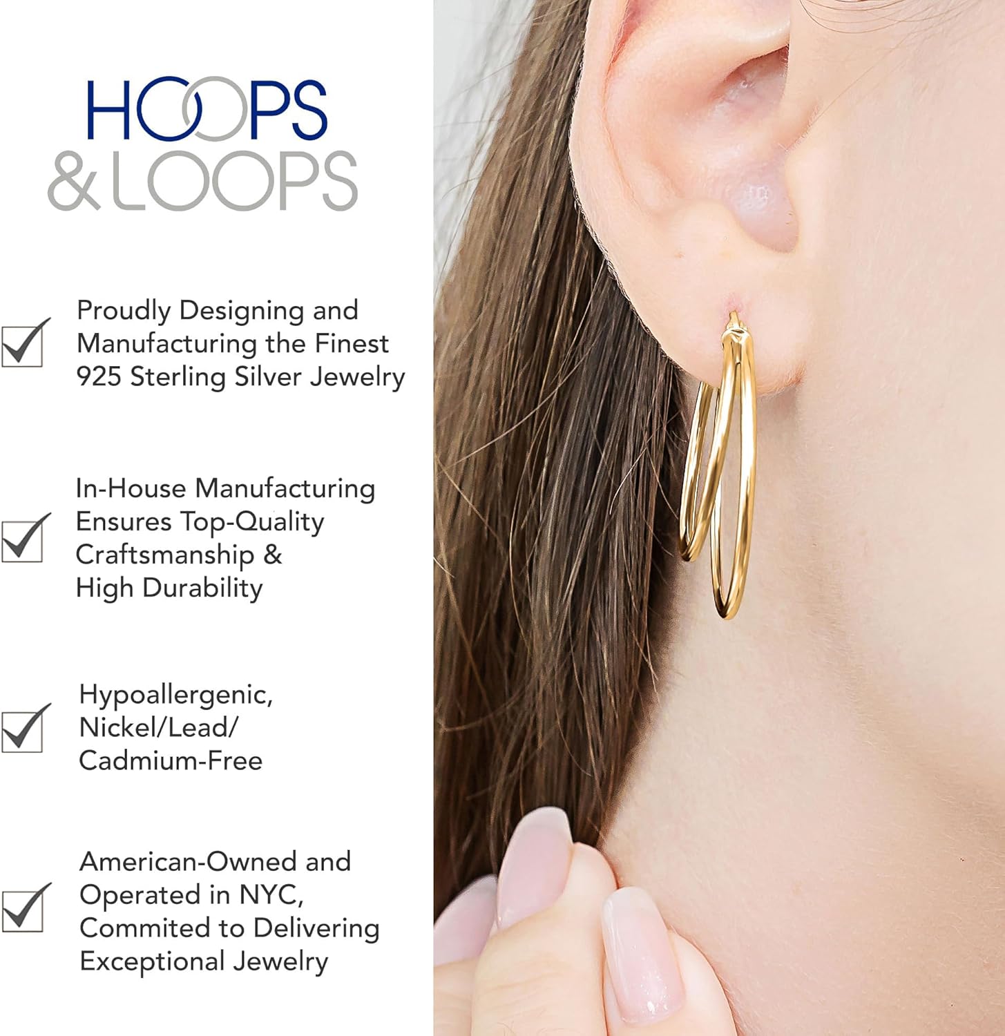 Hoops & Loops 925 Sterling Silver Double Circle Hoop Earrings for Women - 30mm Layered Stacked Circle Round-Tube Click-Top Hoops, Two-Tone 14K Yellow Gold, Rose Gold Flash Plated, Black - Image 2