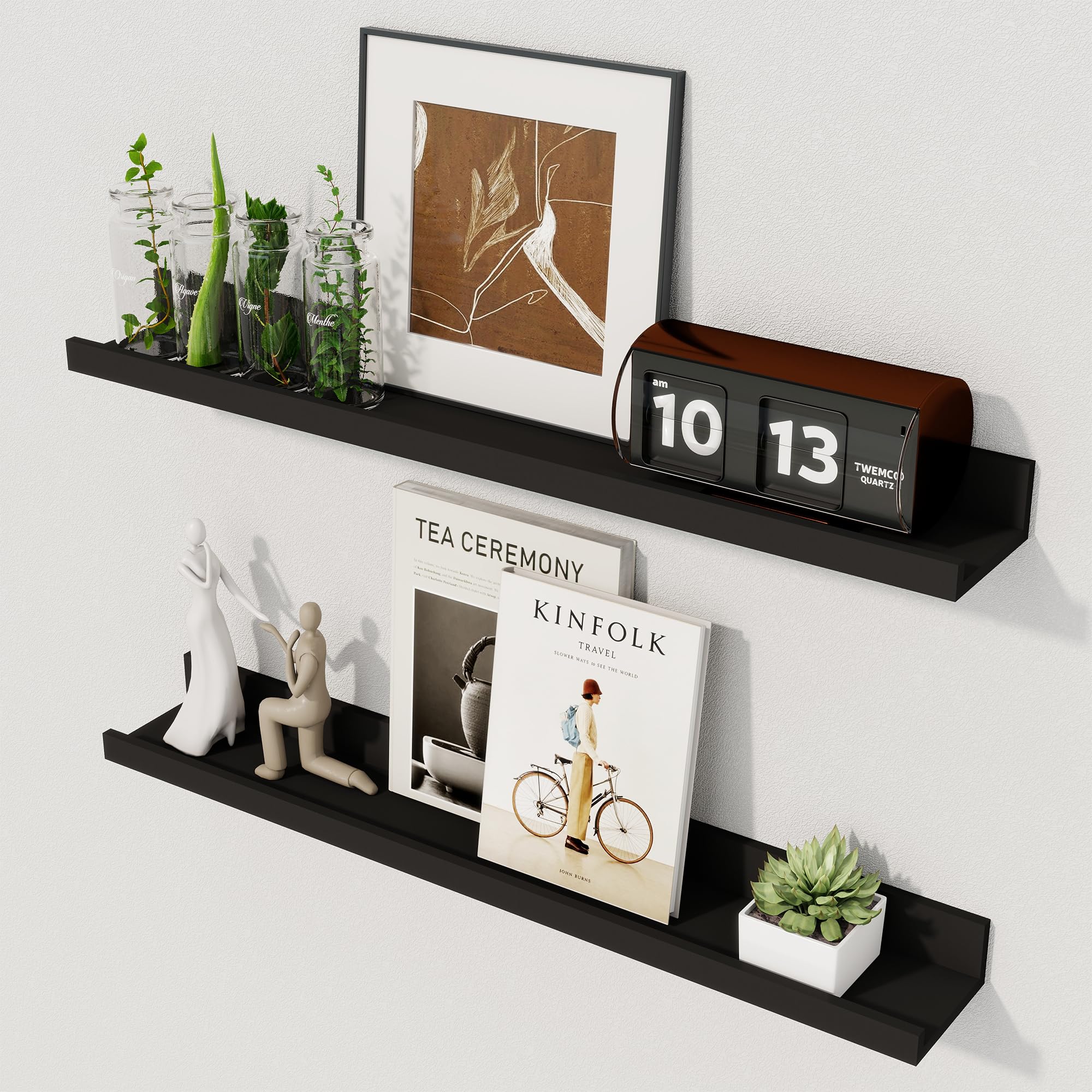 Axeman Floating Shelves, 60 cm Black Picture Shelf Set of 2, Wood Wall Mounted Shelves with Lip, Floating Shelves with Ledge for Pictures, Nursery Books, Paintings, Artworks — image 1