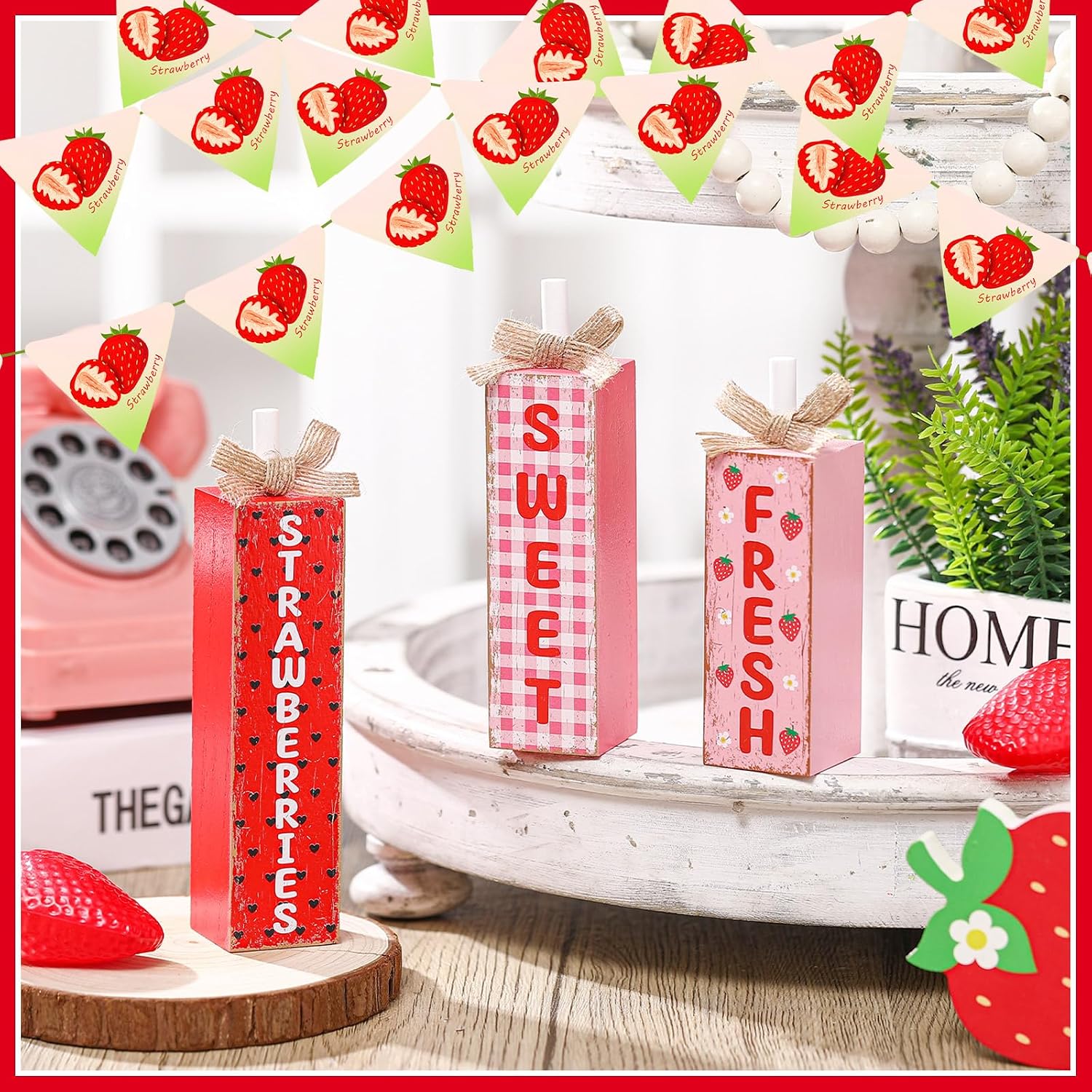 Miniinflat 3 Pcs Wooden Strawberry Table Decor Fresh Sweet Strawberry Block Sign Rustic Farmhouse Summer Tabletop Centerpiece Strawberries Stand Tiered Tray Decor for Kitchen Home Shelf Office House