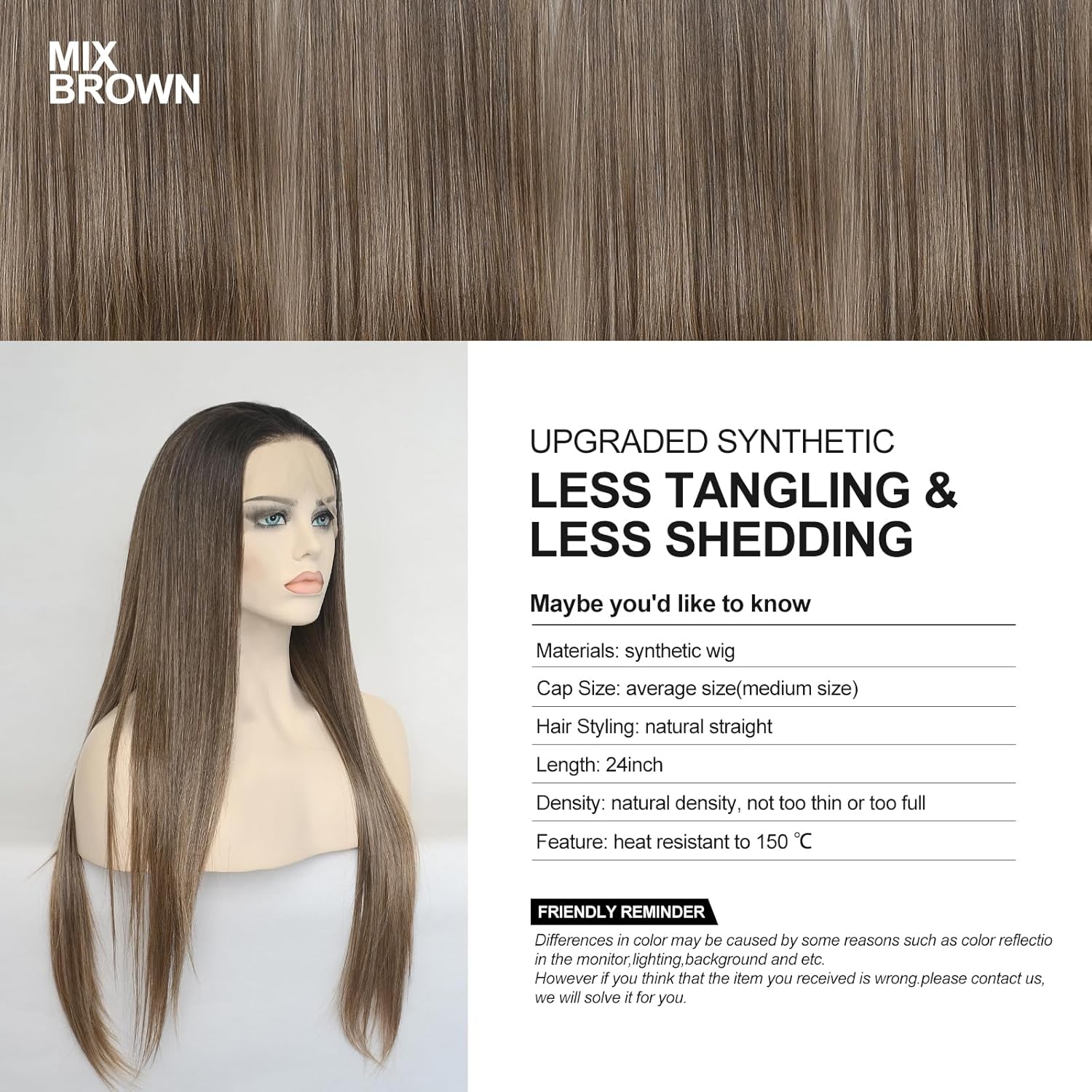 Ombre Mixed Brown 13x4 Inch Lace Front Wig for Women Girls Long Straight Glueless Synthetic Lace Frontal Wigs Pre-plucked Natural Hairline(Mix Brown, 24 inch)