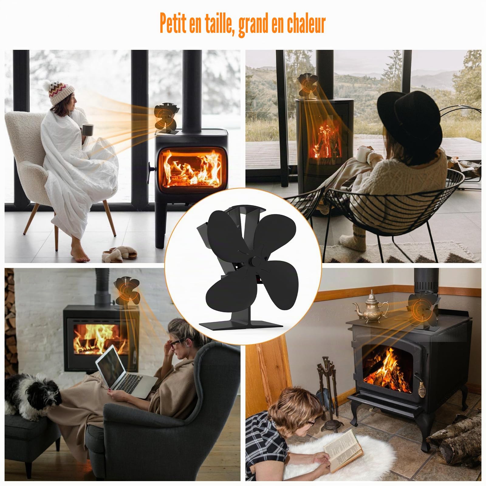 Ventilateur Cheminée Poêle à Bois Silencieux 4 Pales, Moyen | Efficacité Accrue, Poêle à Granulés, Gaz, Bûche