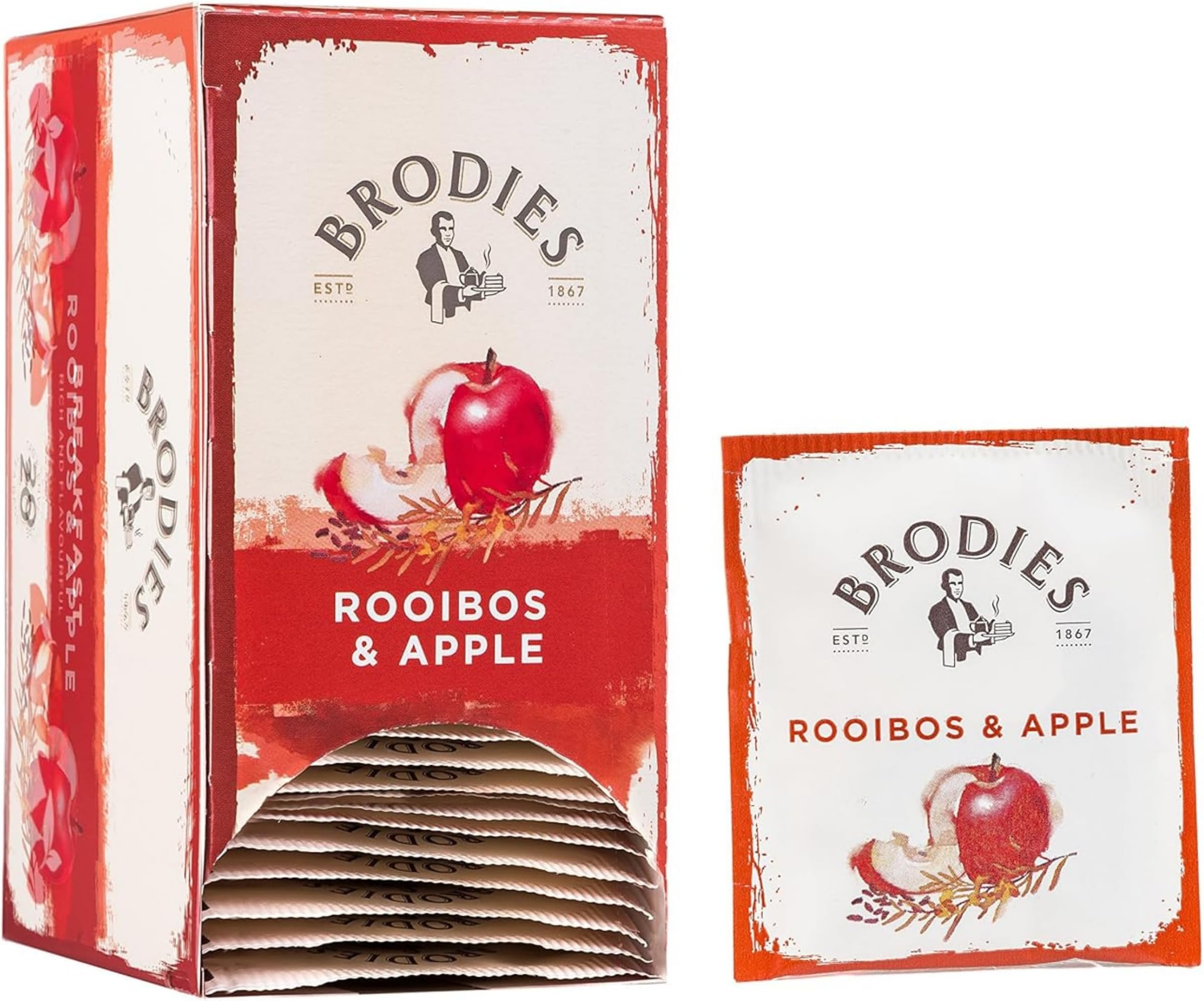 Brodies Tea, Rooibos & Apple, Caffeine Free Tea Imported from Scotland, Box of 20 Tag and Envelope Bags (Pack of 1)
