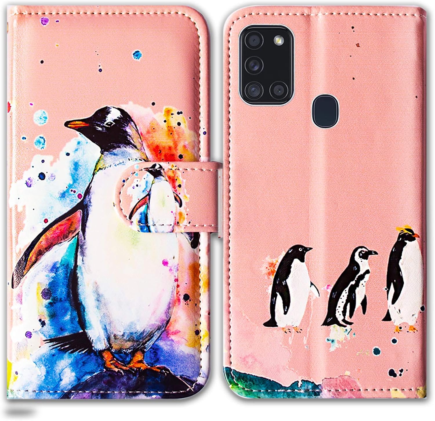 Bcov Galaxy A21s Case, Penguin Drawing Leather Flip Wallet Case Phone Cover with Card Slot Holder Kickstand For Samsung Galaxy A21s