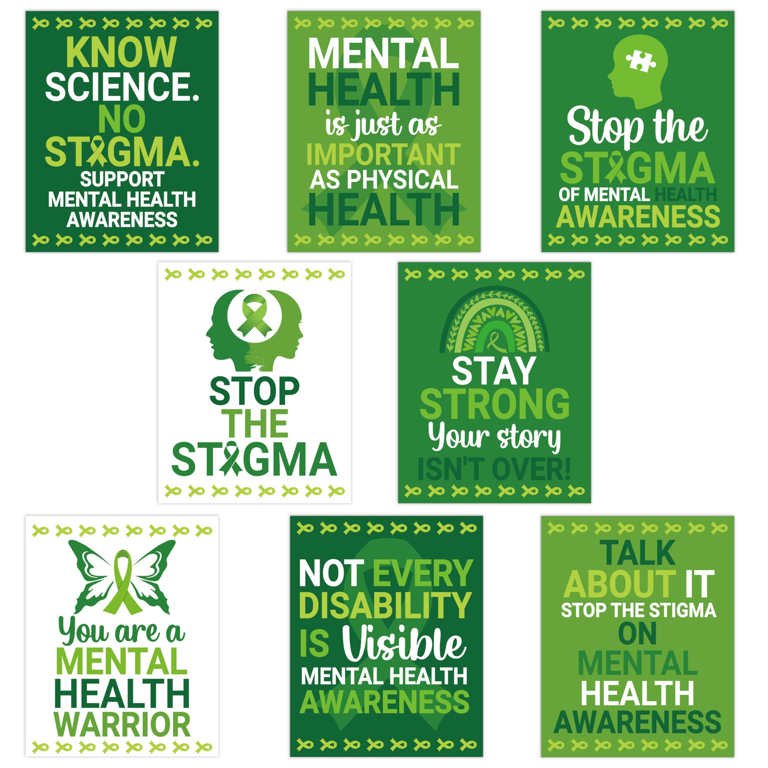 CPicdn 8Pcs Mental Health Posters, Unframed Mental Health Awareness Poster 8x10 Inch Wall Art Prints Decor Positive Quotes Green Ribbon Decorations for Classroom School Therapy Counseling Office