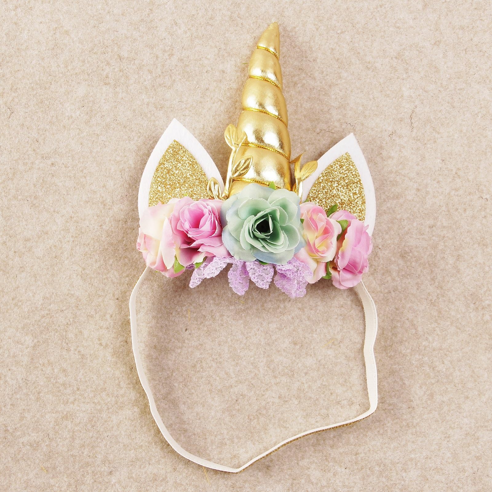 Nishine Roses Floral Unicorn Horn Headband Elastic Baby Girls Unicorn Hairband Party Supplies (Gold&Mint) - Image 3