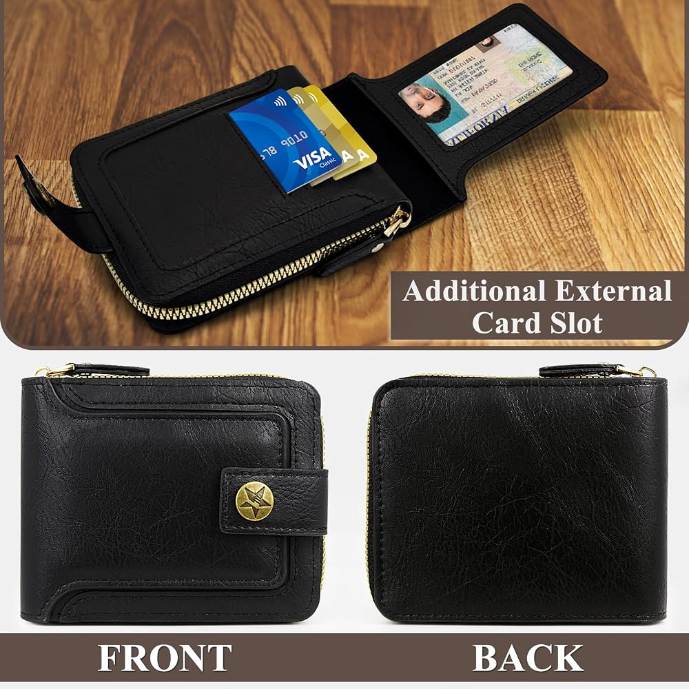 Men Wallet, Vintage PU Leather Multi-Card Zipper Wallet with 10 Card Slots and Zipper Pocket Large Capacity Buckle Credit Card Holder Wallet with Zipper (A, Black)