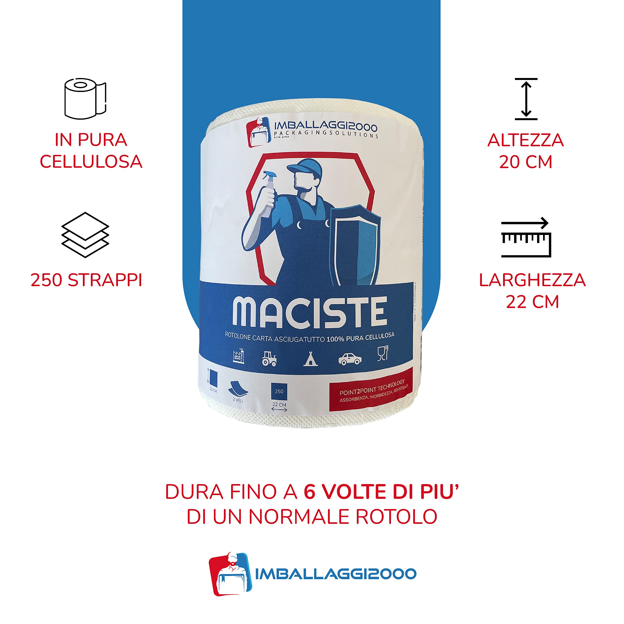 IMBALLAGGI 2000 - Maciste Rotoloni Asciugatutto 12 Pz x 250 Strappi 20x22 cm, Carta Cucina 2 Veli in Cellulosa Assorbente, Bobina 20Hx18Ø - Rotoli Carta Casa ad Uso Domestico, Panno per Pulizia Cucina