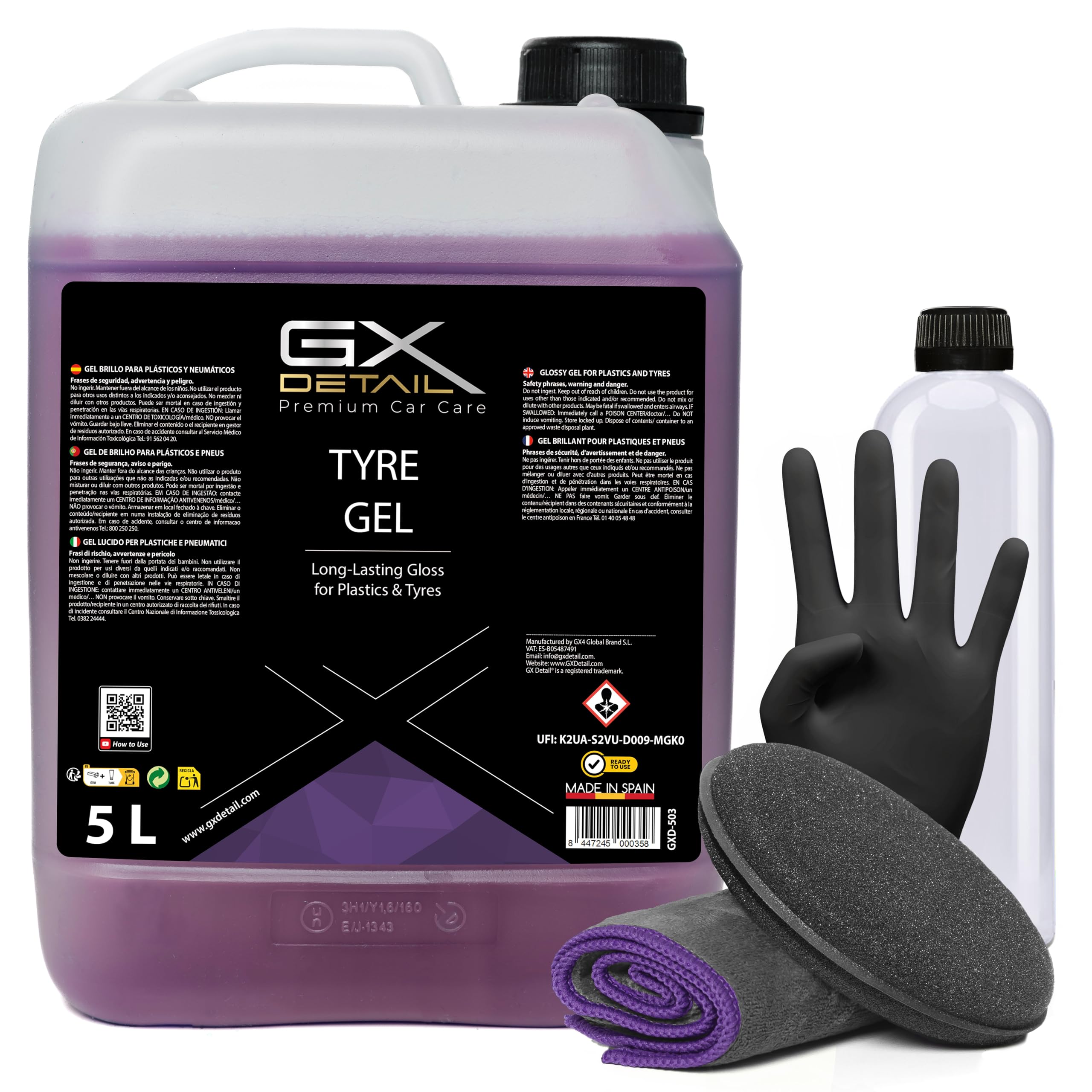 GxDetail Gel Abrillantador de Neumáticos y Plásticos Exteriores para Coche 5 litros – Brillo Duradero y Protección UV – Acabado Brillo sin Residuos Grasos – Fórmula de Larga Duración.