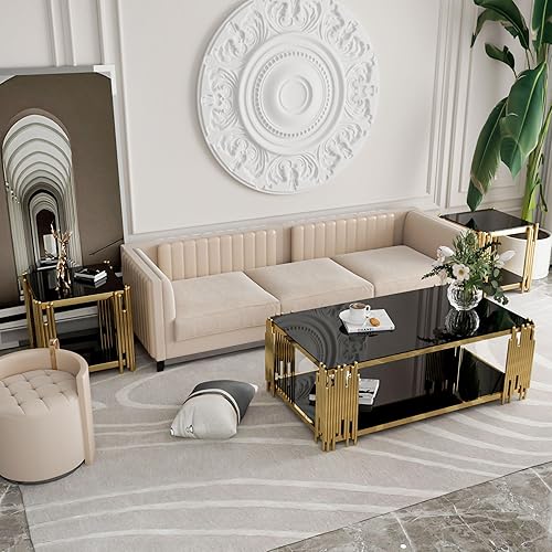 Miniatura 14 de Juego de 3 mesas auxiliares doradas de lujo de 43 pulgadas con parte superior de vidrio marrón, mesa auxiliar moderna para sala de estar con patas