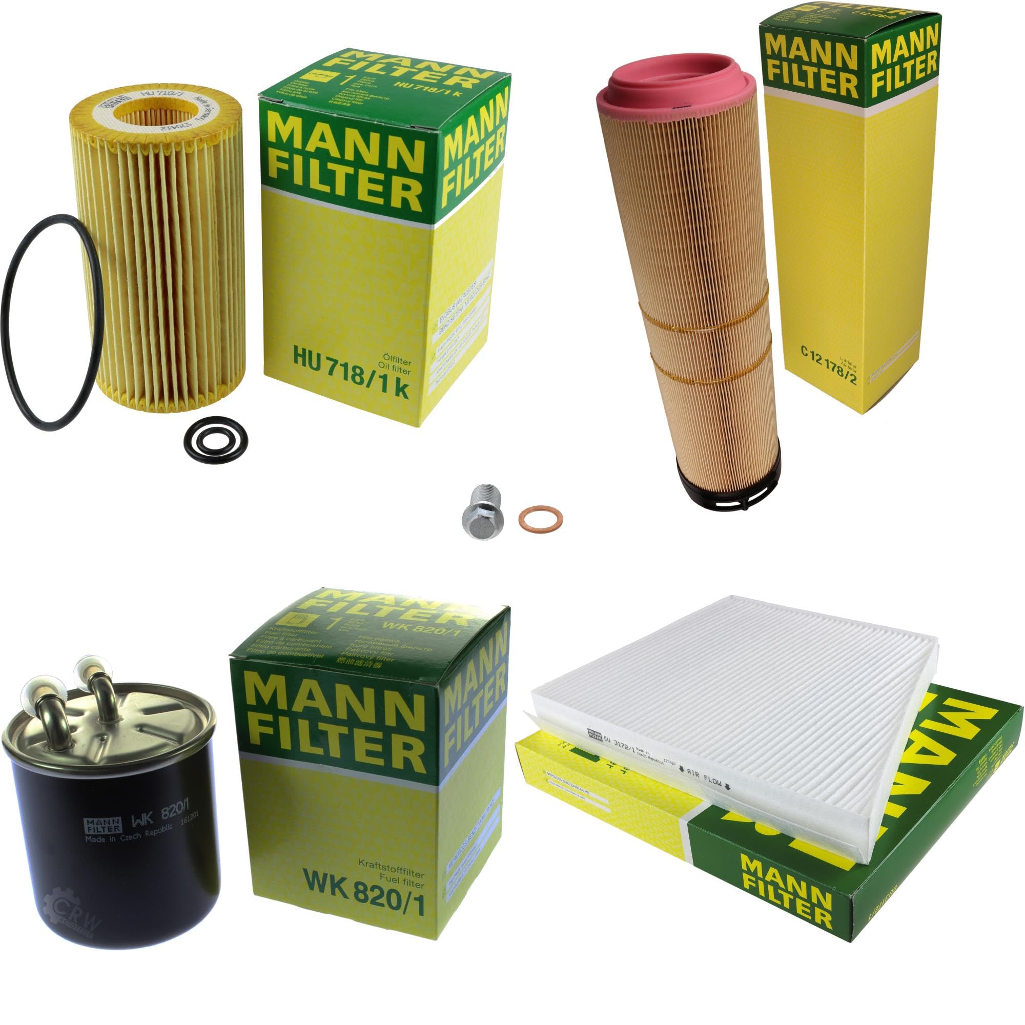 Paquete de inspección Kit de mantenimiento de filtros con filtro de aceite HU 718/1 k, filtro de aire C 12 178/2, filtro de combustible WK 820/1, filtro de habitáculo CU 3172/1, tornillo de