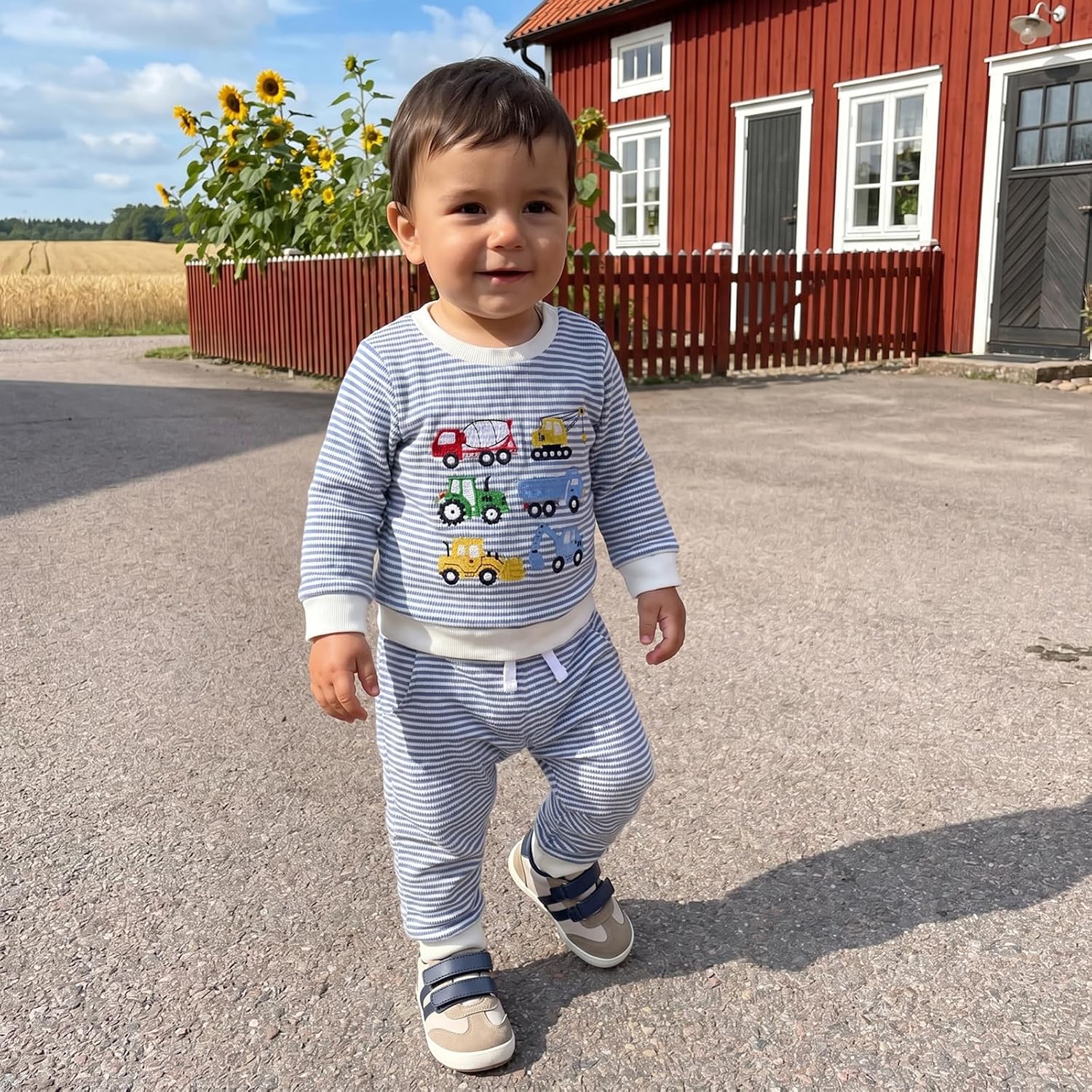 Toddler Baby Boy Fall Clothes Waffle Truck Embroidery Long Sleeve Sweatshirt and Joggers Pants Sets Winter Outfits