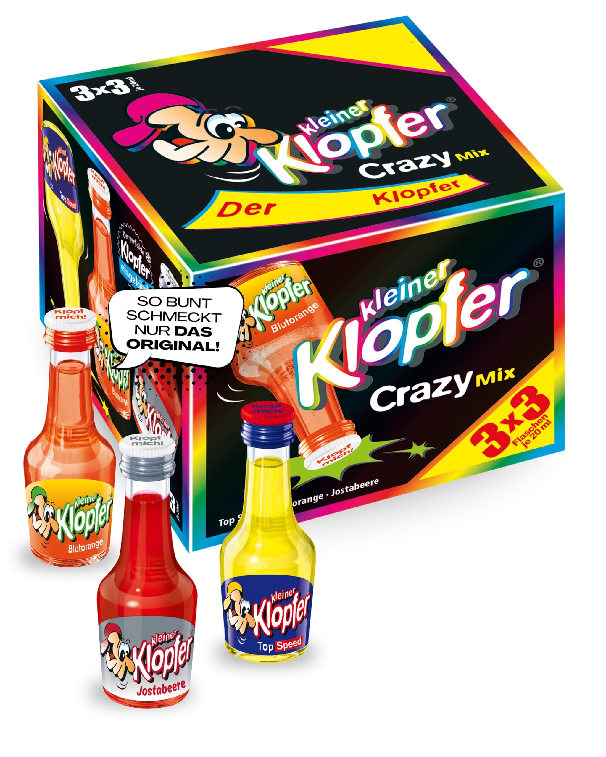 Kleiner Klopfer Crazy Mix I 9 Mini Liköre à 20 ml I 3 beliebte Sorten Blutorange, Top Speed & Jostabeere I 16% Vol. I Likör-Mix
