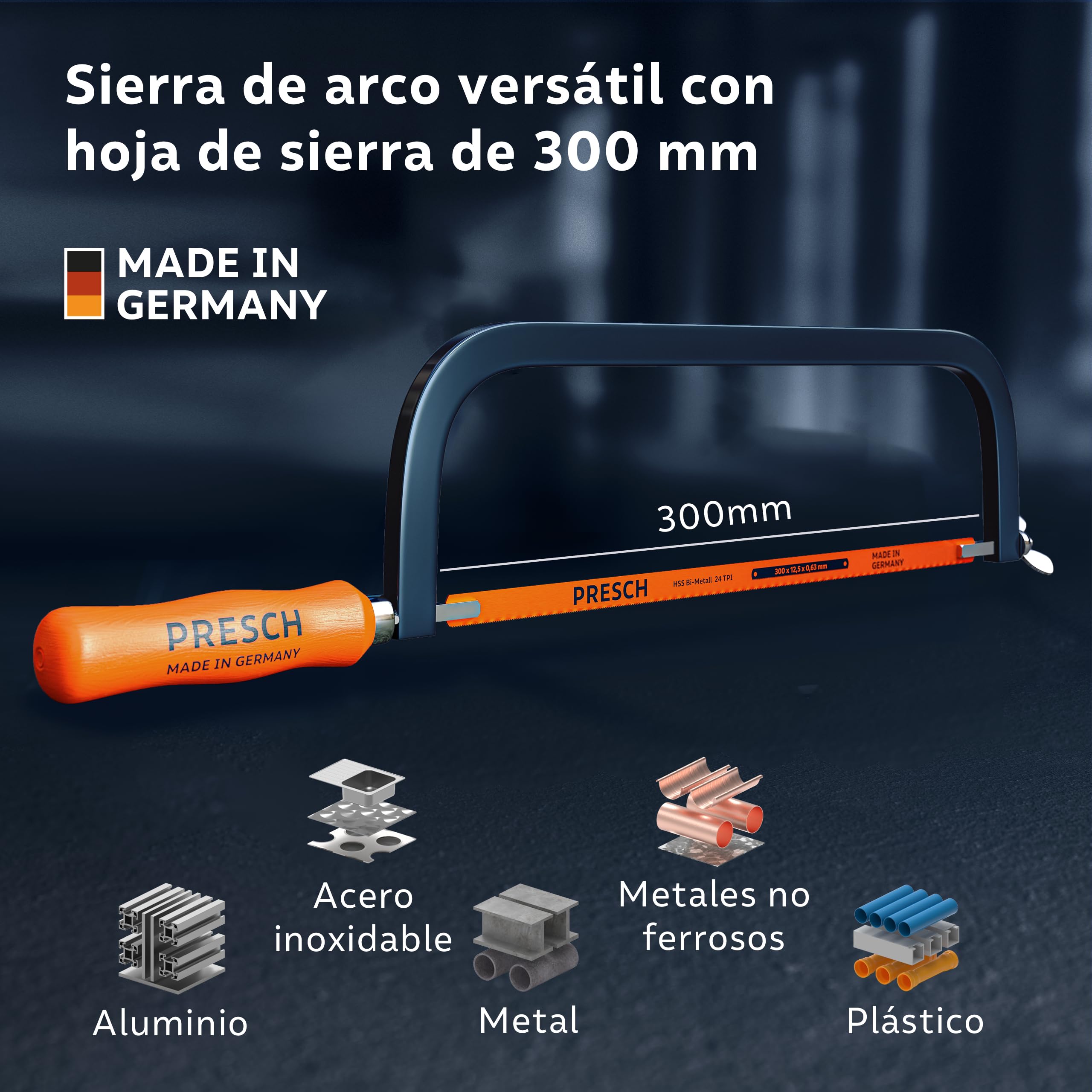 Presch Sierra de metal 300mm - Con hoja BI-metal para un corte preciso - Rotación de 90° de la hoja de sierra para cortes horizontales y verticales - Cambio rápido de las hojas