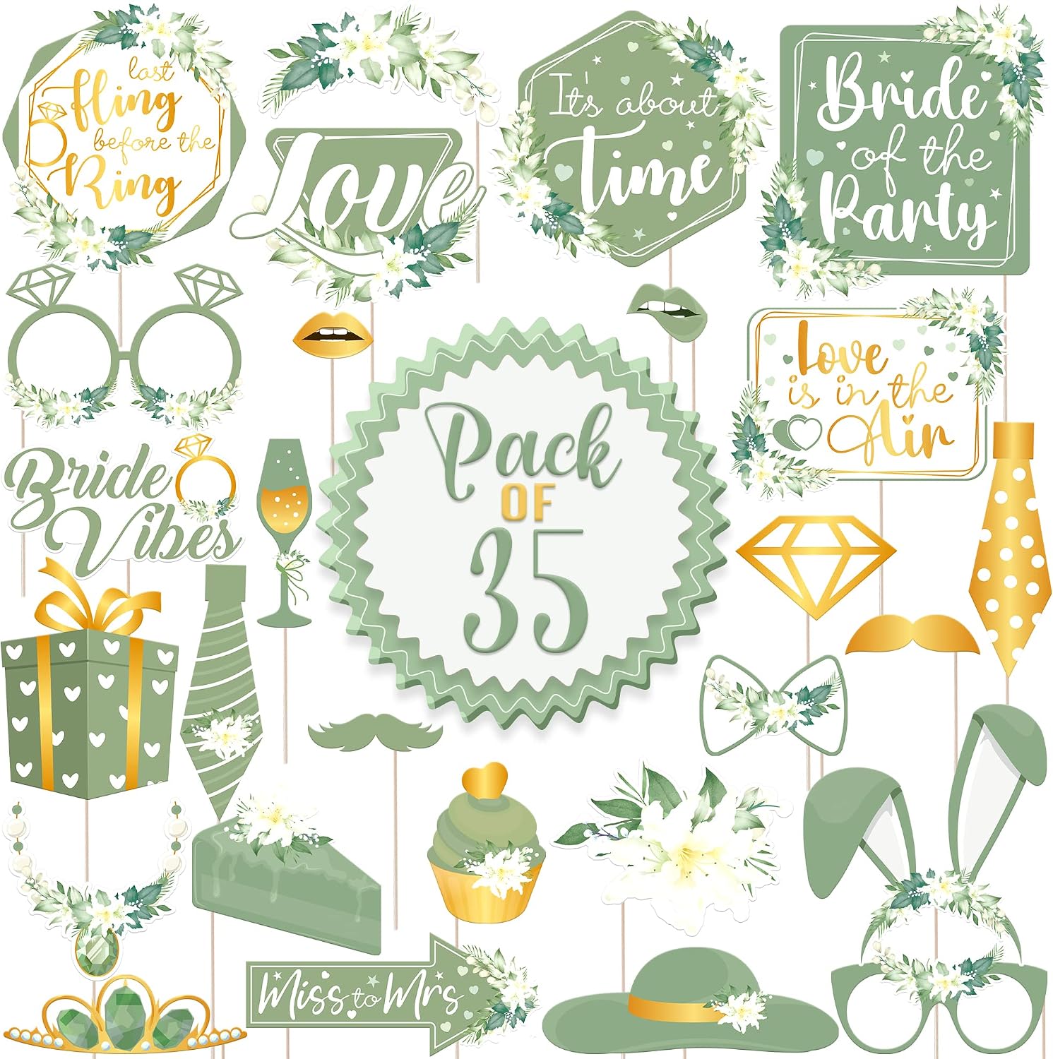 KatchOn Bridal Shower Photo Booth Props - Pack of 35 | Green Decorations for Bridal Shower and Bachelorette Party