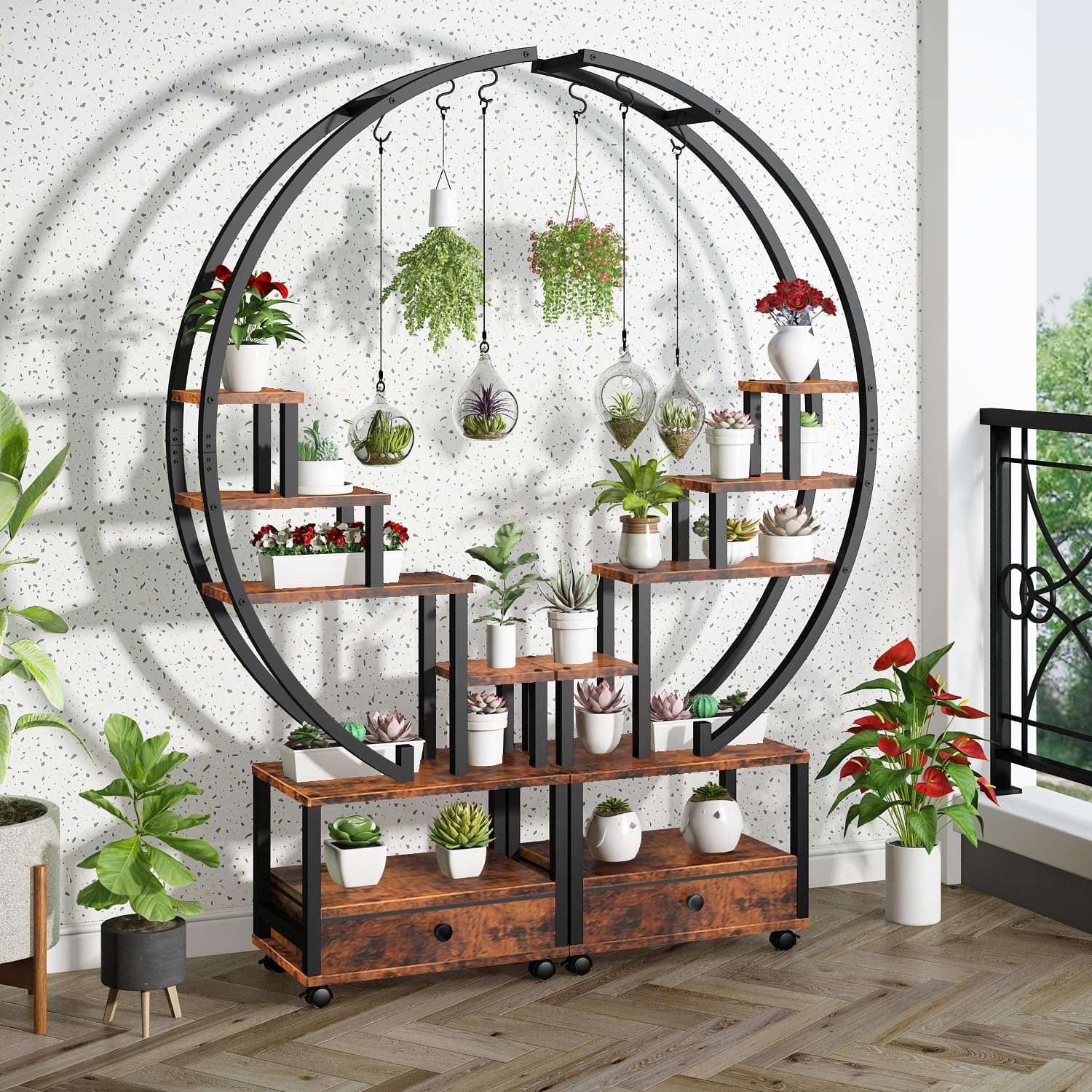 2 Pcs 6 Tier Tall Metal Indoor Plant Stand with Detachable Wheels,Half-Moon-Shaped Plant Shelf Holder with Drawer,Multi-Purpose Plant Stands for Home Decor,Balcony,Patio,Garden,Rustic Brown