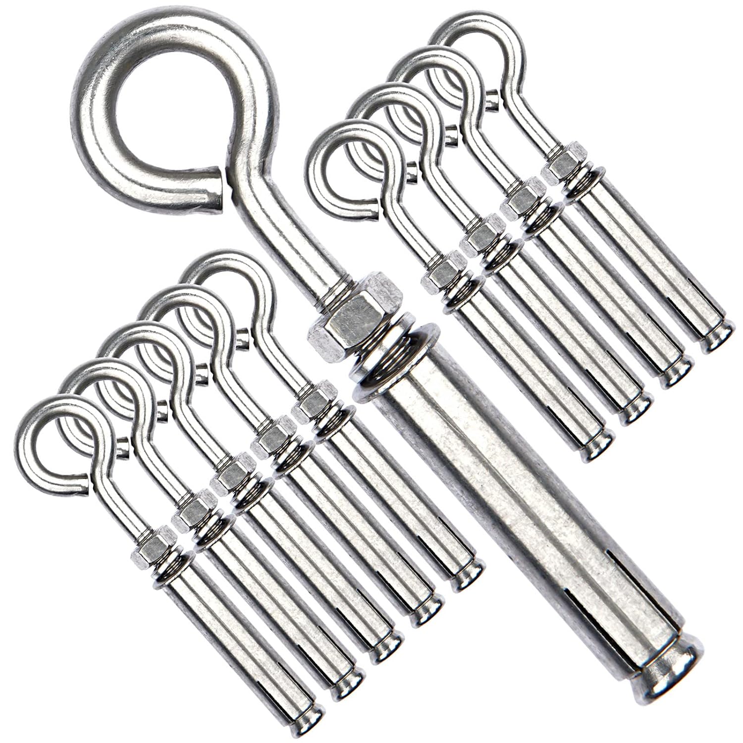 Shoulder Eye Bolts M6 Heavy Duty Shoulder Lag Eyebolts, Stainless Steel Expansion Screws Wall Concrete Anchors Fastener with Nut for Wall Ceiling Concrete Masonry, 10 Pieces