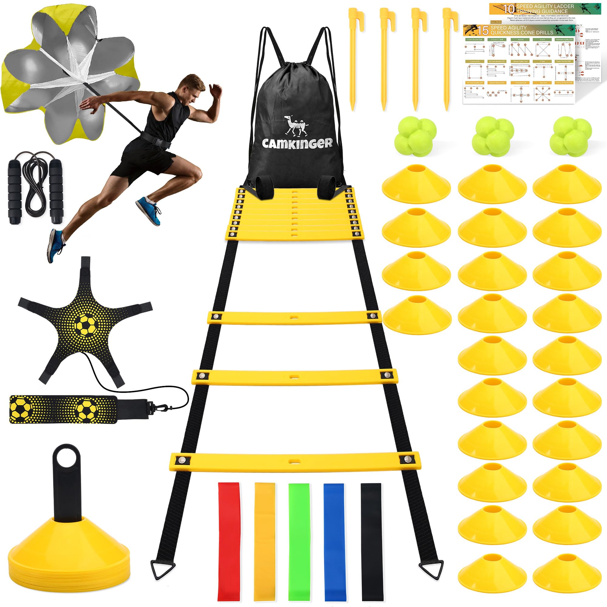 Agility Ladder Speed Training Equipment Set-20ft Speed Ladder/Running Parachute/24 Soccer Cones/Soccer Kick Trainer/Jump Rope/Reaction Balls/Resistance Bands for Kids Youth Adults
