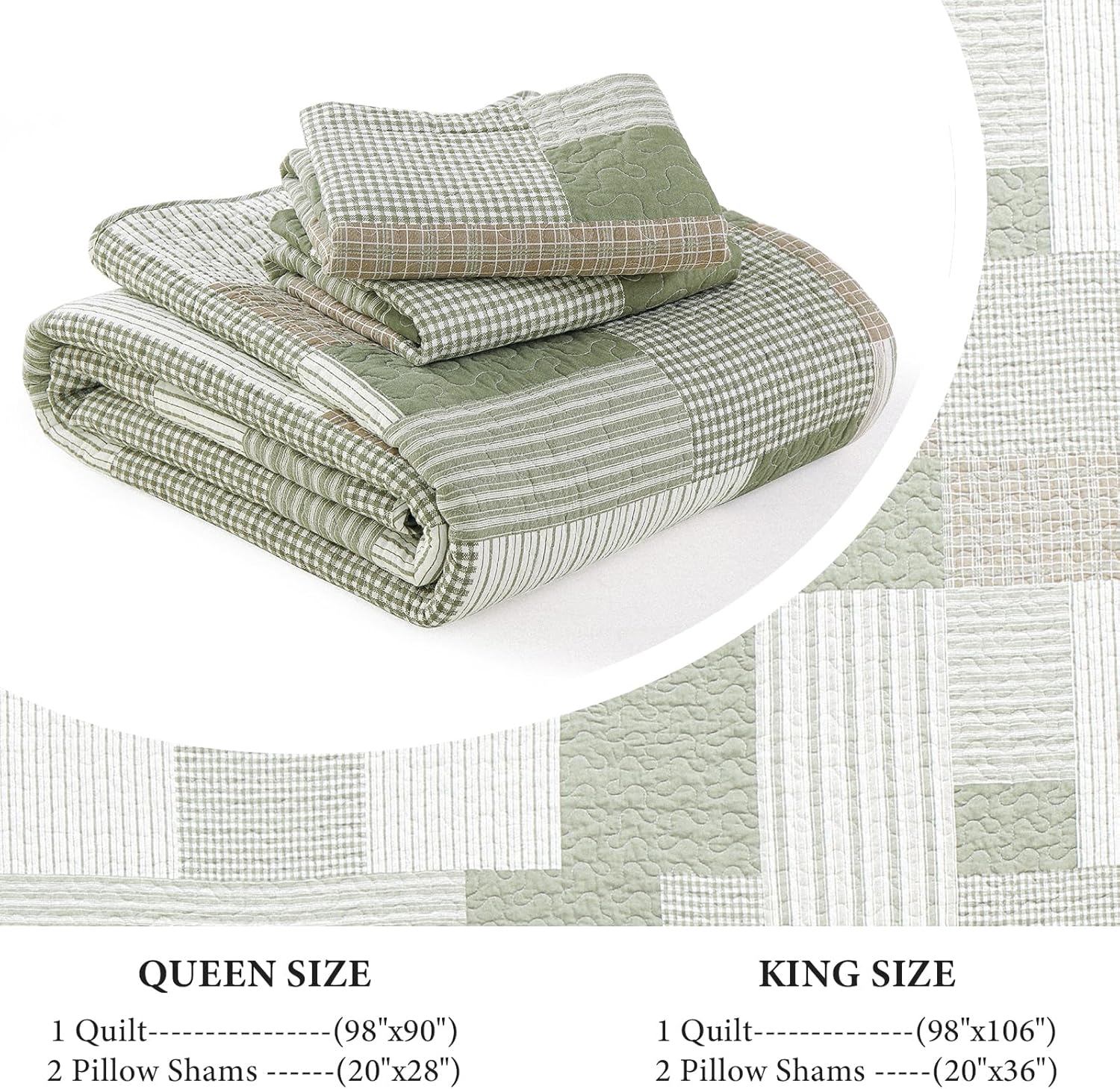 Uniclinens Plaid Quilt Set King Size, Patchwork Light Green Quilt Bedding Set, 100% Cotton Bedspreads, Farmhouse Rustic Lightweight Comforter, 3 Pieces Set with 2 Pillowshams, Green/Brown/Beige