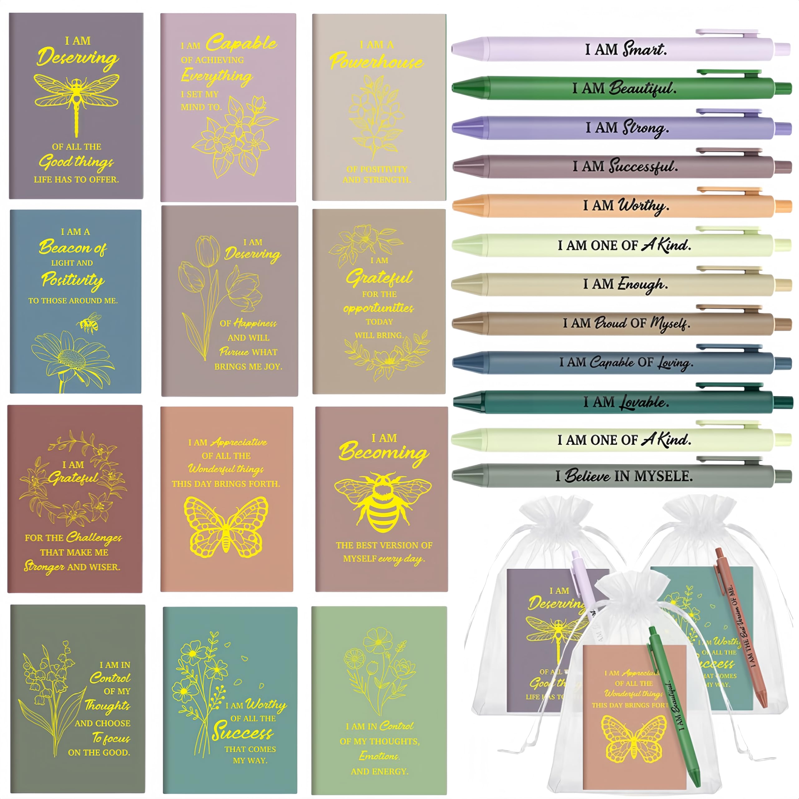 Mooliwe 24 Pcs Affirmation Notebooks Pens Bulk Gifts, Gratitude,Morandi