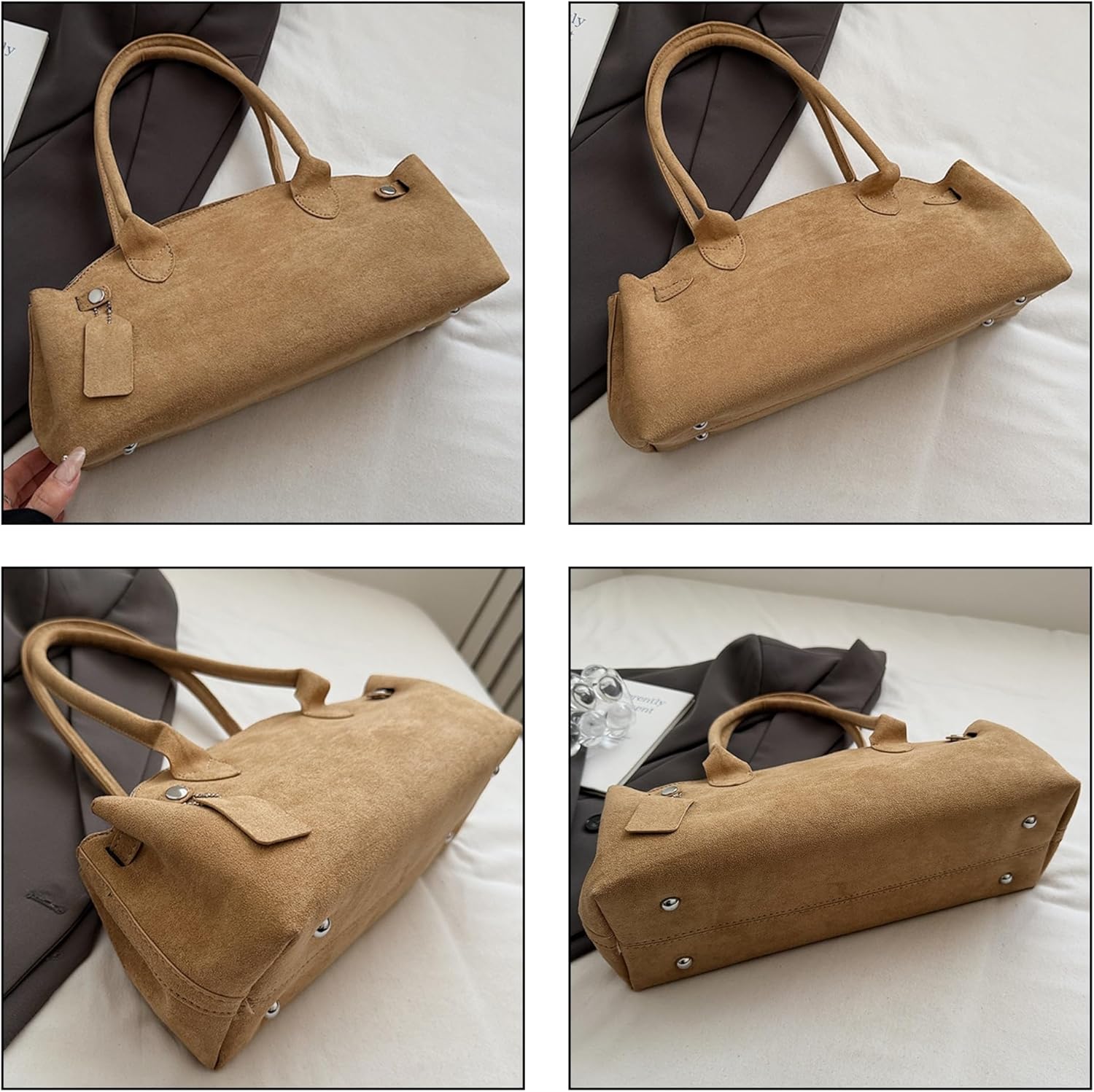 Faux Suede Bowler Bag for Women, East West Shoulder Purse, Soft Swing Bag with Strap, Suede Handbag, 2025 Small Tote Purse - Image 5