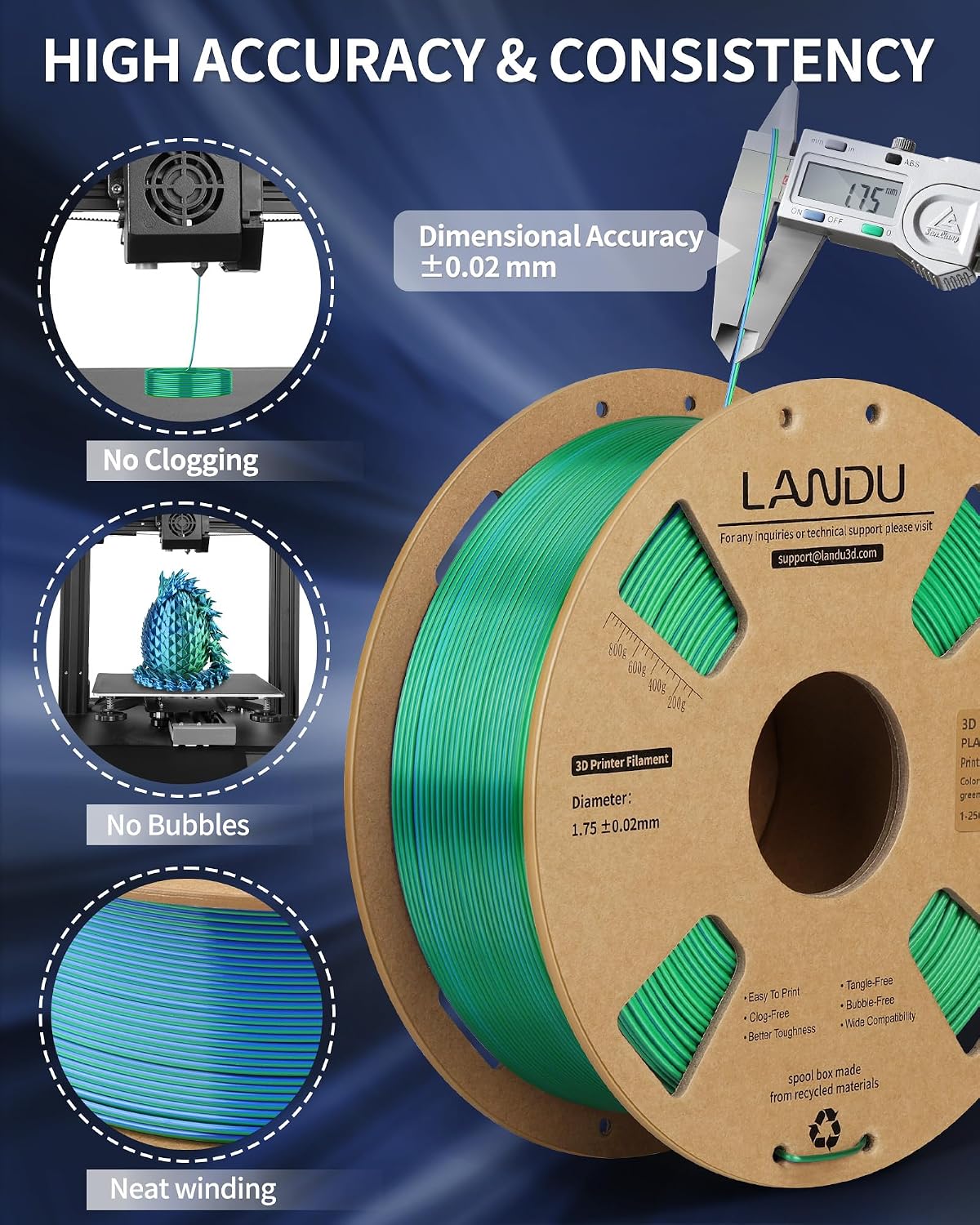 LANDU Silk Dual Color PLA Filament 1.75mm 1KG，Red Black+Green Blue