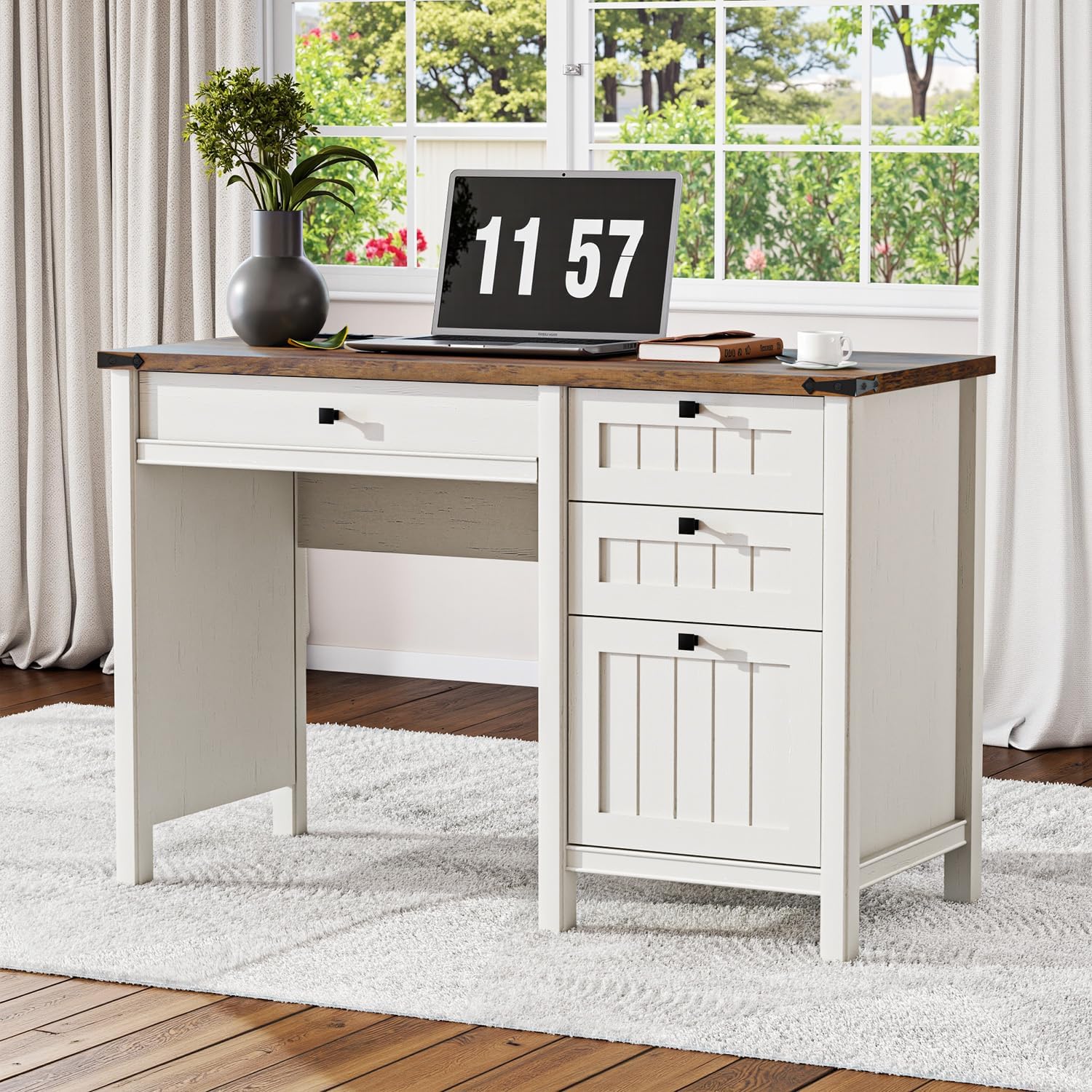 Farmhouse Executive Desk 45 inch Computer Desk with 4 Drawers, Smart Charging Station, Home Office & Study Room Essential for Remote Workers, Professionals & Students.Antique White