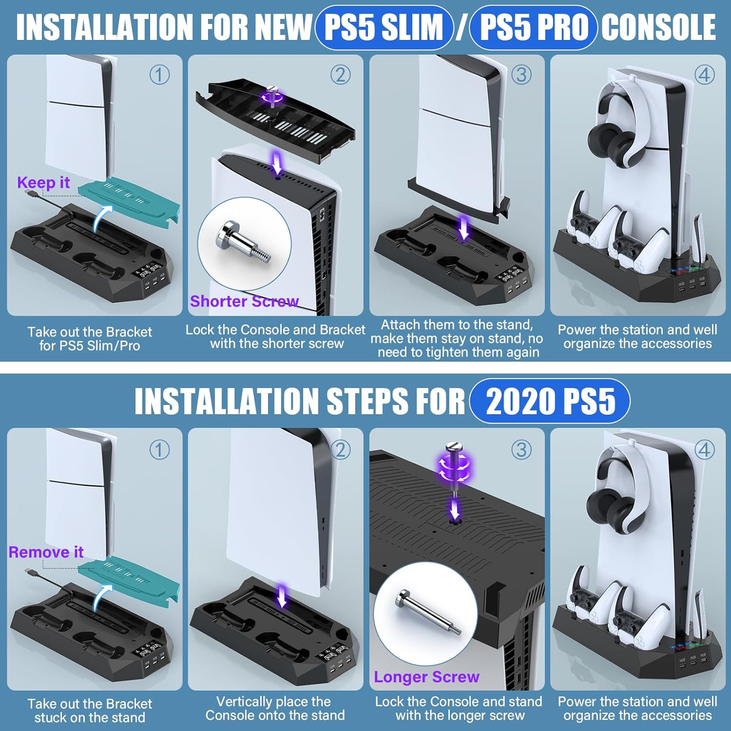 PS5/PS5 Slim/PS5 Pro Stand and Cooling Station with Dual Controller Charging Station for PlayStation 5 Console, PS5 Accessories Incl. Controller Charger, Cooling Fan, Headset Holder, 3 USB Hub, Black - Image 7