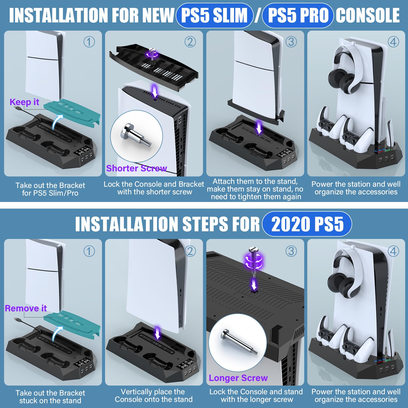 PS5/PS5 Slim/PS5 Pro Stand e stazione di raffreddamento con stazione di ricarica doppio controller per console PlayStation 5, accessori PS5 incl. caricatore controller, ventola di raffreddamento
