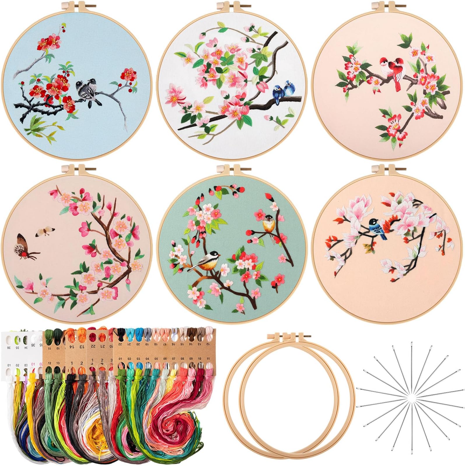 Newwiee 6 Pack Embroidery Kit for Beginners Adults Stamped Embroidery Starter Kit Hand Embroidery with Bird Patterns 6 Instructions 2 Embroidery Hoops 6 Threads 18 Needles for Kids Women Sewing Craft