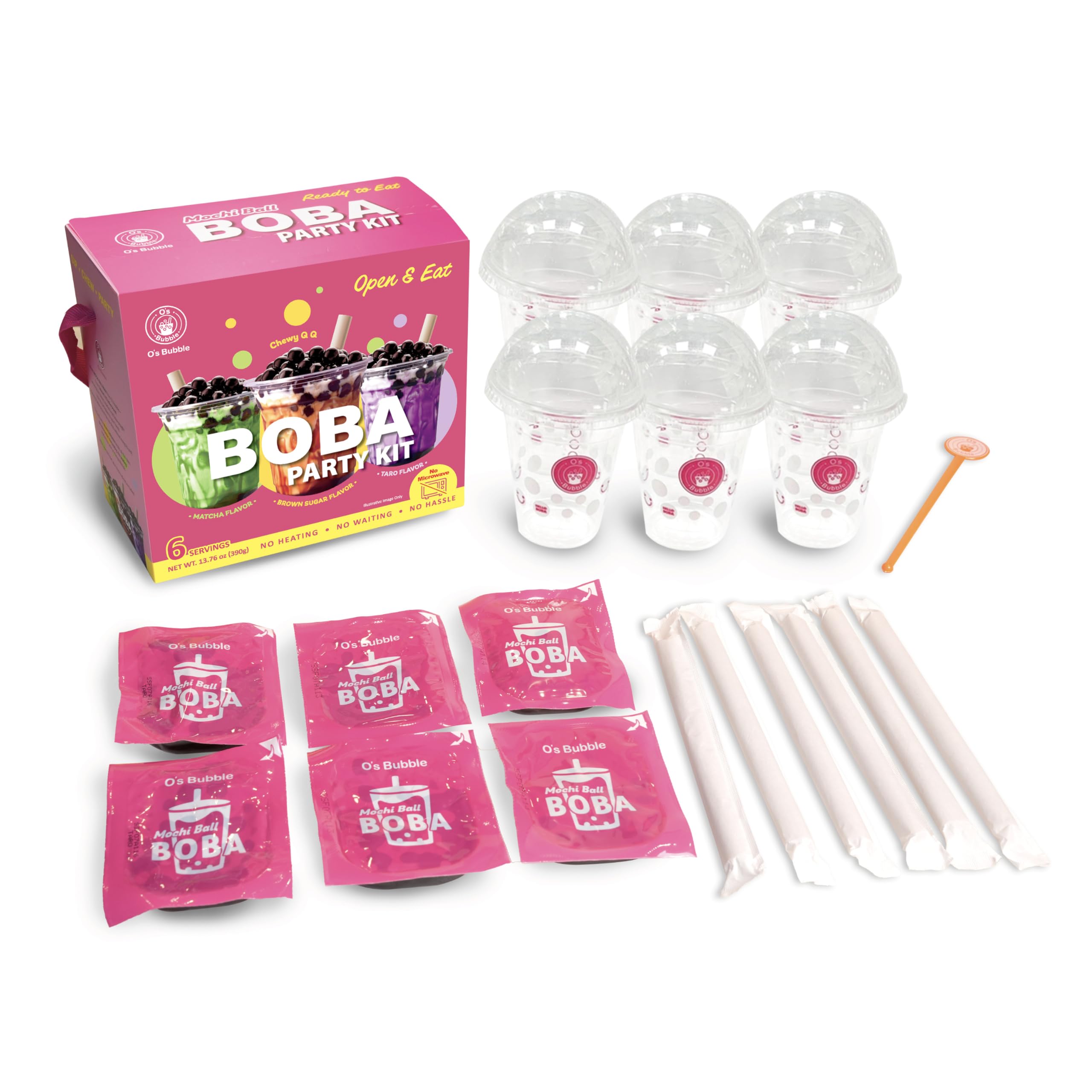 O's Bubble BOBA Party Kit 3.0 - Kit de té Boba todo en uno con Boba masticable - Sabores mixtos - Incluye tazas, popotes, agitador - 6