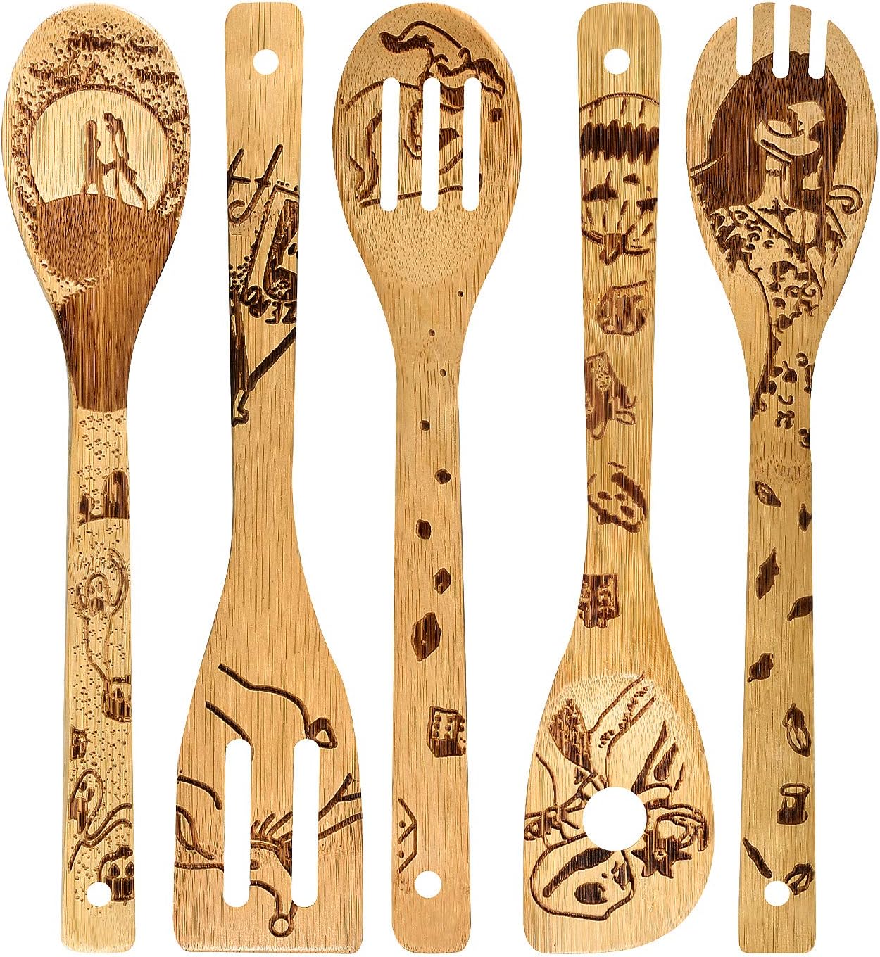 Nightmare Wooden Spoons - Organic Wooden Bamboo Cooking & Serving Utensils - Kitchen Utensils Set Cooking Tool Set - Cooking Spatula And Spoons 5 Piece Set