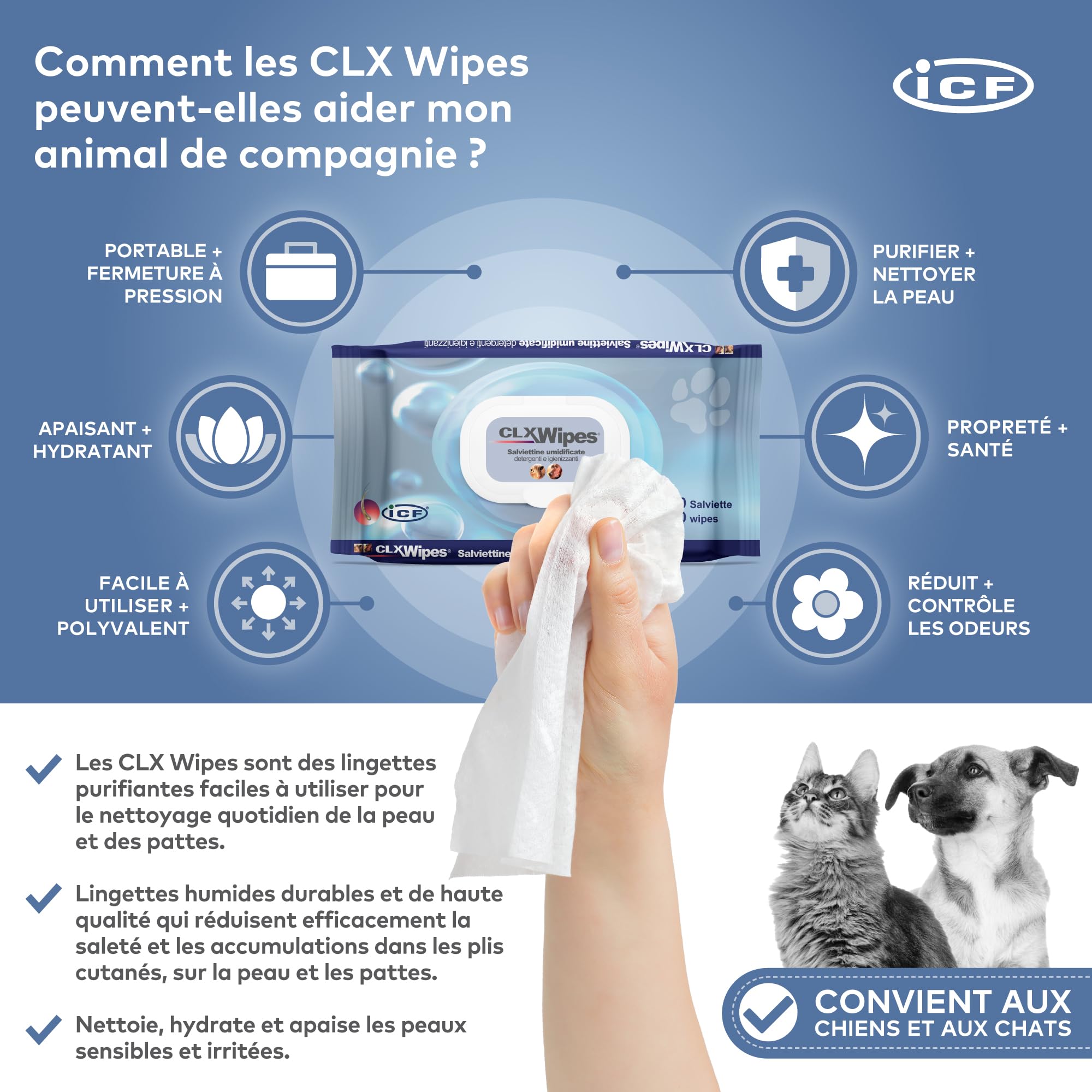 ICF | CLX Lingette Chien | Lingettes Nettoyantes, Assainissantes et Hydratantes pour Chien et Chat | Nettoyage quotidien des pattes, des plis cutanés, et des espaces interdigités | 40 lingettes