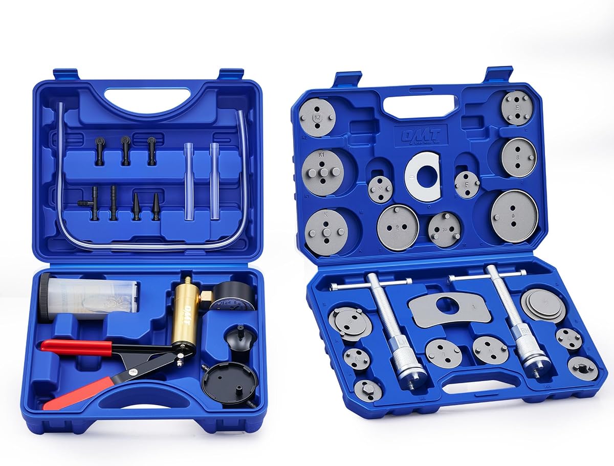 OMT 2-in-1 Brake Caliper Compression Tool and Vacuum Pump Bleeder Kit | 18 Adapters; Vacuum Bleeder & Compressor; Brake Service; Corrosion-Resistant Build; Auto Technicians