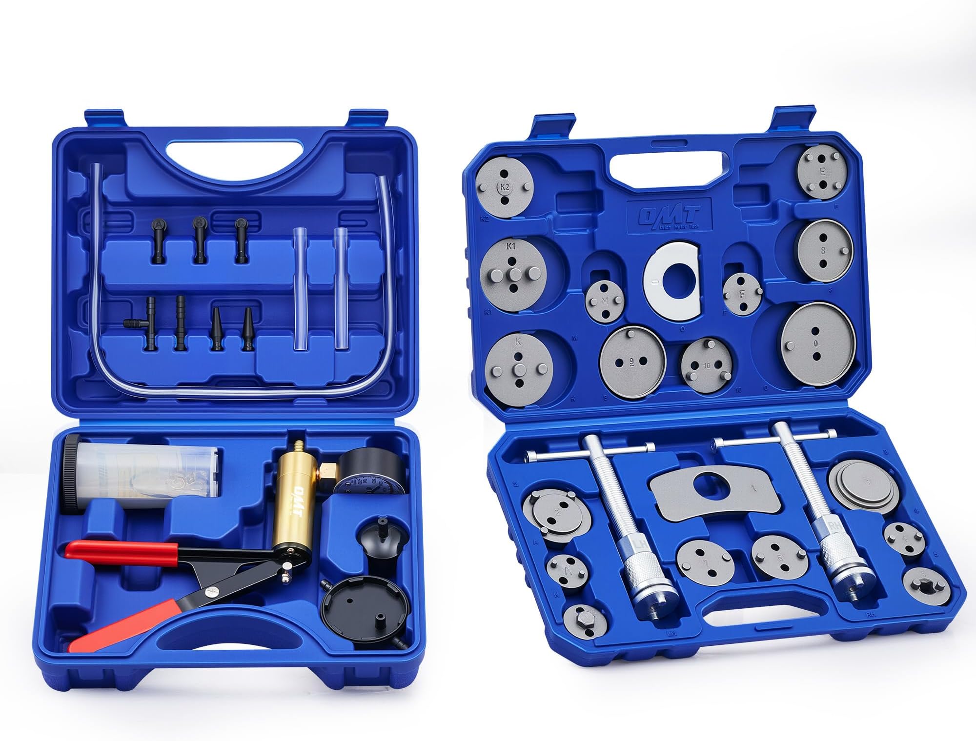 Orion Motor Tech 2 in 1 Brake Caliper Compression Tool & Brake Bleeder Kit, Handheld Vacuum Pump Brake Bleeder Tool Set, Disc Brake Pad Service Tool with Thrust Bolt Retaining Plates & 18 Adapters