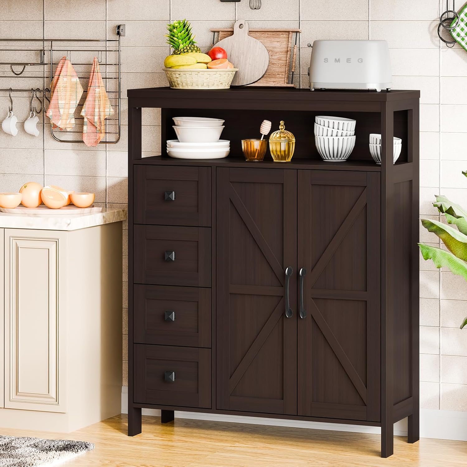 Vabches Farmhouse Storage Cabinet with 2 Doors and 4 Drawers, Freestanding Bathroom Compartment Kitchen Pantry Cabinet, Floor Cupboard for Kitchen/Living Room/Bathroom, Espresso - Image 5