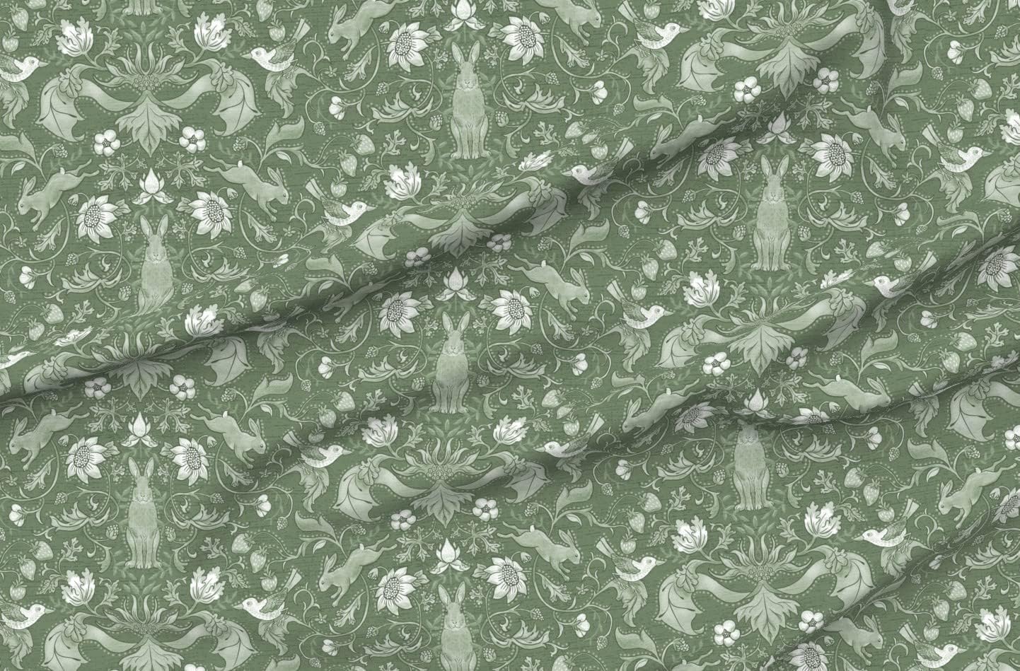 Spoonflower Fabric - Sage Woodland Damask Rabbits Flowers Birds Victorian Cottage English Printed on Organic Cotton Sateen Fabric by The Yard - Sewing Quilting Apparel Home Decor