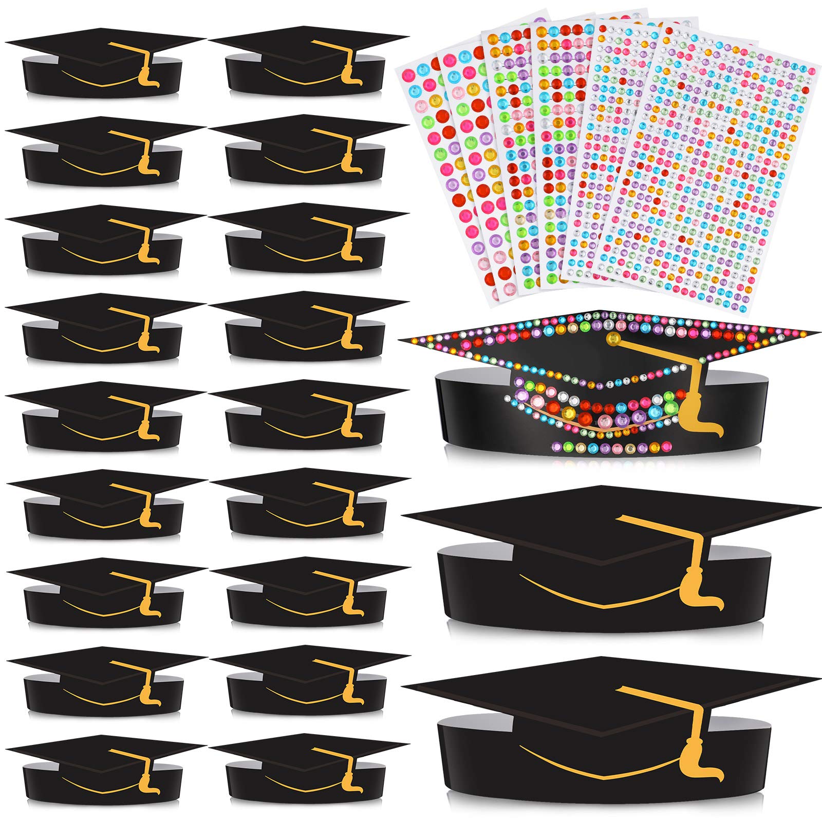 Zonon36 Pieces Graduation Paper Hat for Kids with 6 Sheets Crystal Stickers (Black)
