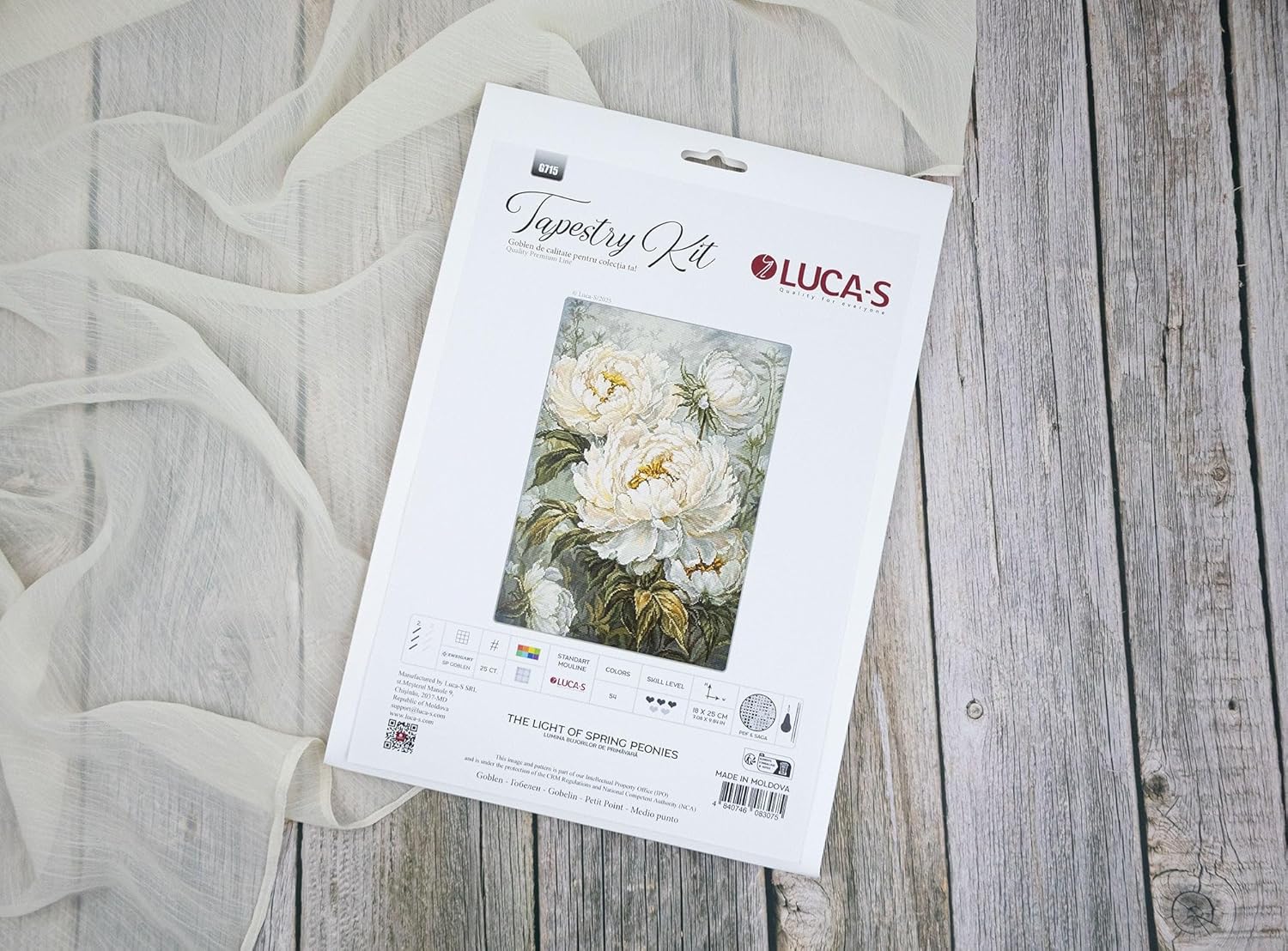 Luca-S Petit Point Kit Gold - The Light of Spring Peonies, G715, Counted Cross Stitch Kit for Adults, Needlecraft and Embroidery Kit