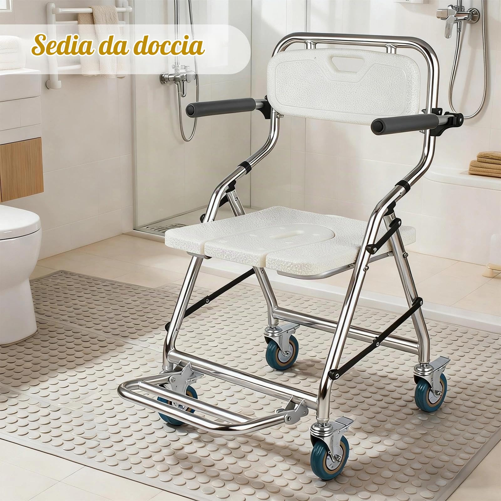 Sedia Doccia Pieghevole con Ruote per Anziani, Portata 120 kg | Sedile Bagno Pieghevole con Schienale e Braccioli, Struttura Antiscivolo in Alluminio, per Disabili e Mobilità Ridotta