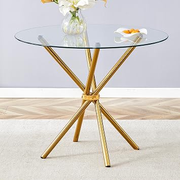 36.6" Round Glass Dining Table for 4, Round Kitchen Table with Ring-Shaped Gathered Metal Legs, Circle Glass Dining Table, Glass-Top Round Kitchen Table for Dinner Small Spaces Gold