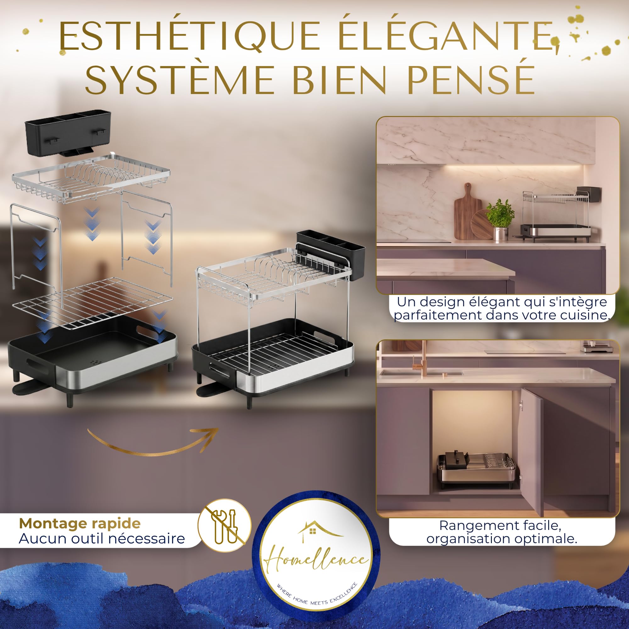 Homellence Égouttoir à Vaisselle 2 Niveaux, Égouttoir Cuisine Compact, Noir