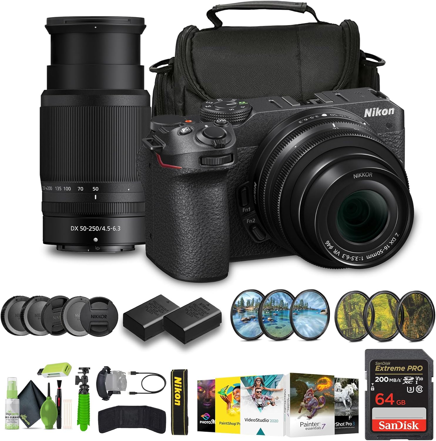 Nikon Z30 Mirrorless Camera with 16-50mm and 50-250mm Lenses + ENEL25 Replacement Battery + Extreme PRO 64GB Card + UV Lens Filter + 12 Inch Flex Tripod + Photo Editing Software + More