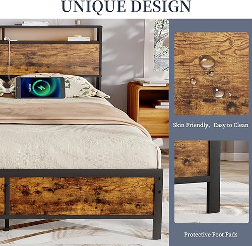 Miniatura 9 de Base de cama Queen con luces LED, cabecera de almacenamiento industrial con estación de carga y puerto USB, marco de cama industrial moderno con