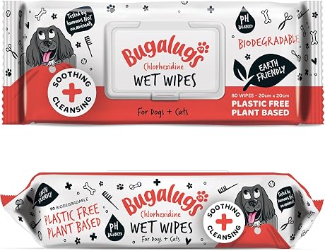 BUGALUGS Dog Wipes for pawly skin - 80 Biodegradable dog grooming pet wipes. Use as Dog ear wipes, dog eye wipes, dog face wipes, Paw & Bum wipes for puppy, dogs & cat grooming