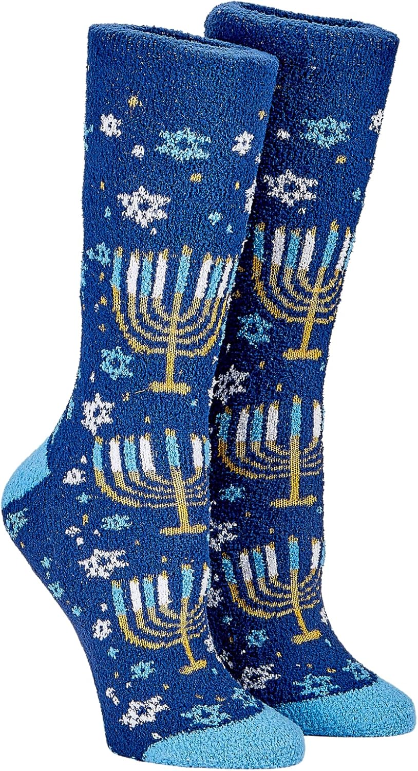 Menorah Hanukkah Fuzzy Socks - Cozy Winter Holiday Crew Socks Unisex Size 10-13 - Soft Festive Blue Menorah Design with Snowflakes - Perfect Warm Gift for Chanukah Celebration