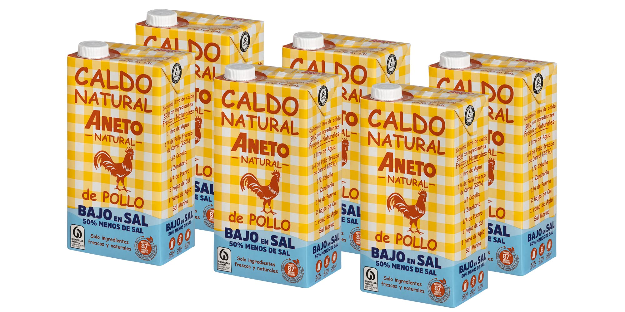 Aneto 100% Naturale - Brodo di pollo a basso contenuto di sale - scatola da 6 unità da 1L