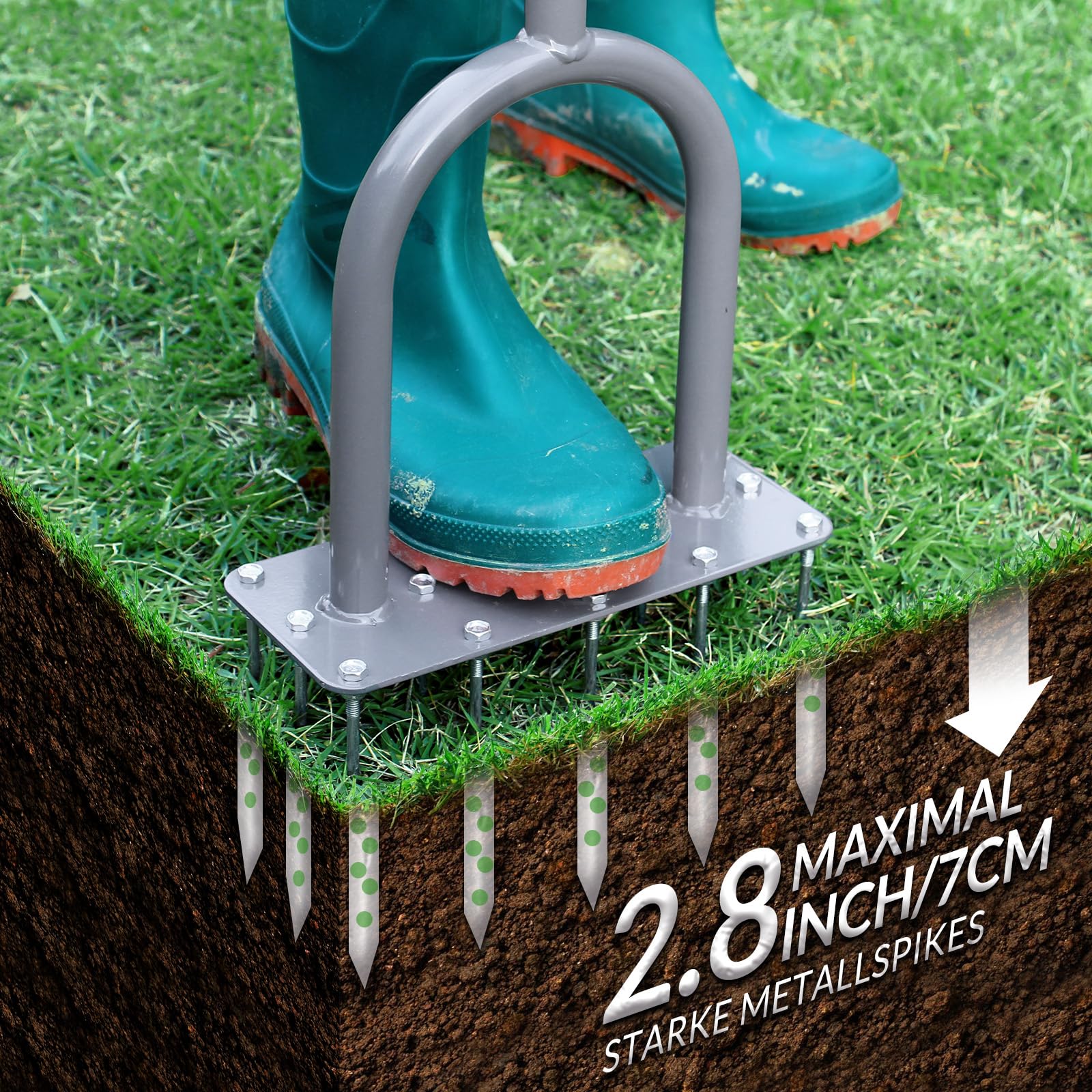 Walensee Rasenlüfter mit 15 Stahlspikes, Manueller Rasenbelüfter mit 3 Reihen und Langstiel, Heavy Duty Aerifizierer zur Bodenbelüftung, Gartenwerkzeug für Verdichteten Boden, Rasenpflege