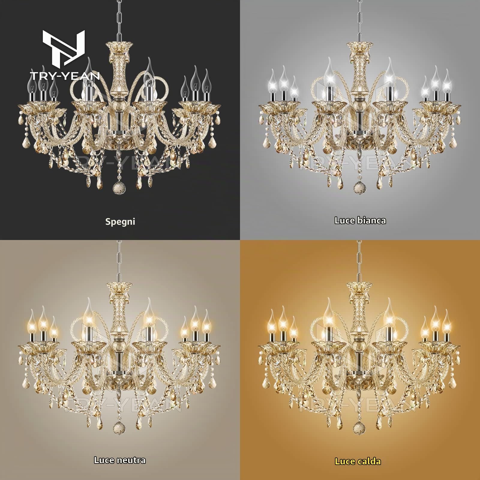 Lampada a 10 Braccia Moderno Lampadario in Cristallo Sospensione Cognac E14 Plafoniera Soffitto K9 Illuminazione Candela Regolabile per Camera da Letto, Soggiorno, Sala da Pranzo, Corridoio