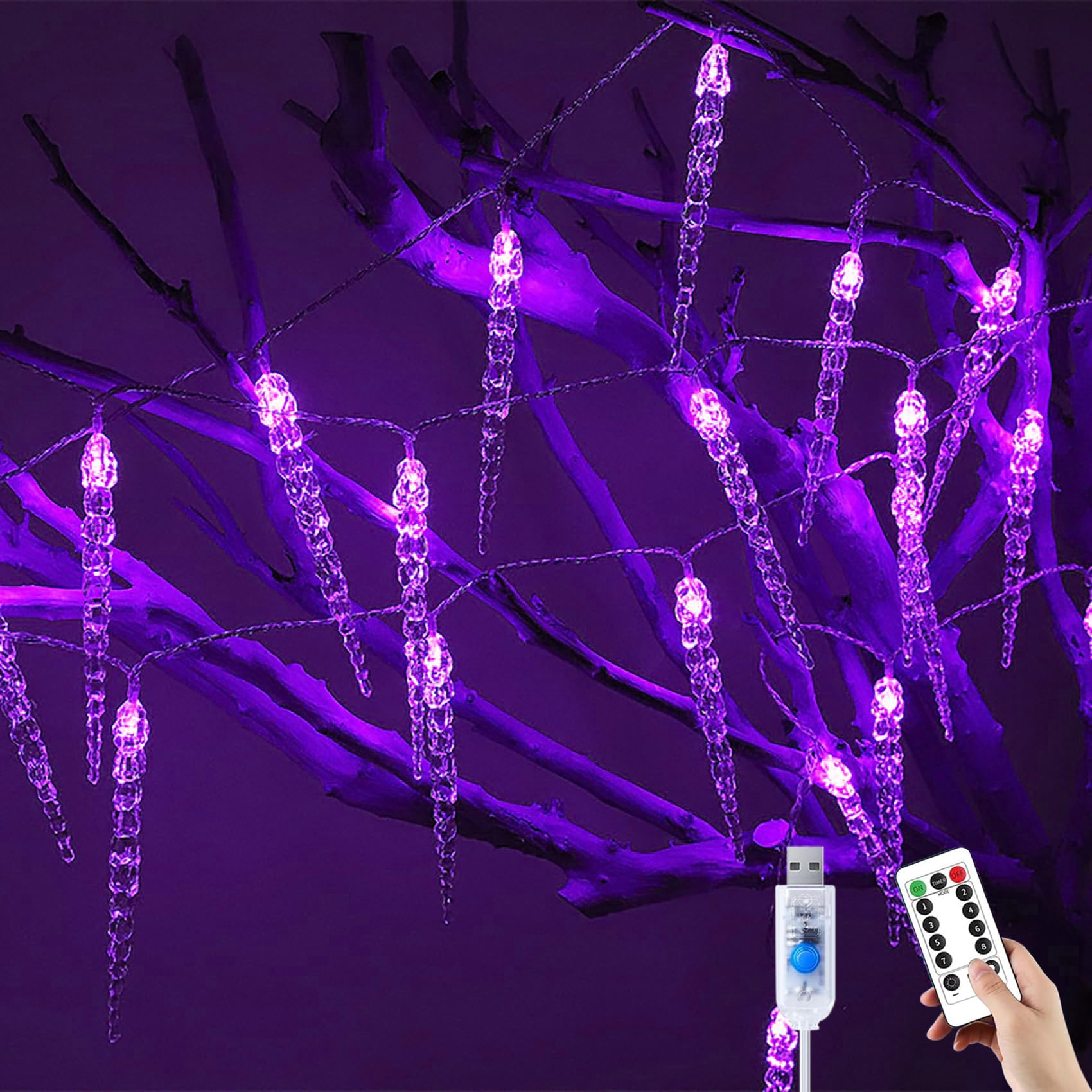 Guirlande lumineuse stalactite d'extérieur, alimentation USB, télécommande, connexion USB, 10 m/80 LED, rideau lumineux féérique en acrylique cristal (violet)