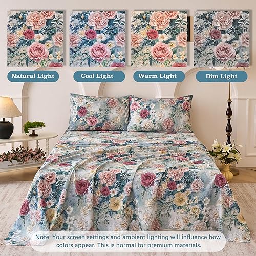 Miniatura 6 de Juego de sábanas de cama floral azul 100% algodón percal tamaño King, diseño vintage chic shabby, con patrón de peonía, ropa de cama suave y